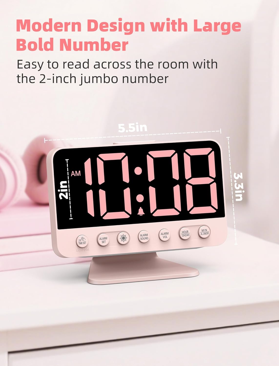 Digital Alarm Clocks for Bedrooms: Large Bold Number 5 Brightness Dimmer - Easy to Read Across The Room - 5 Alarm Sound 8 Night Light - Sakura Pink
