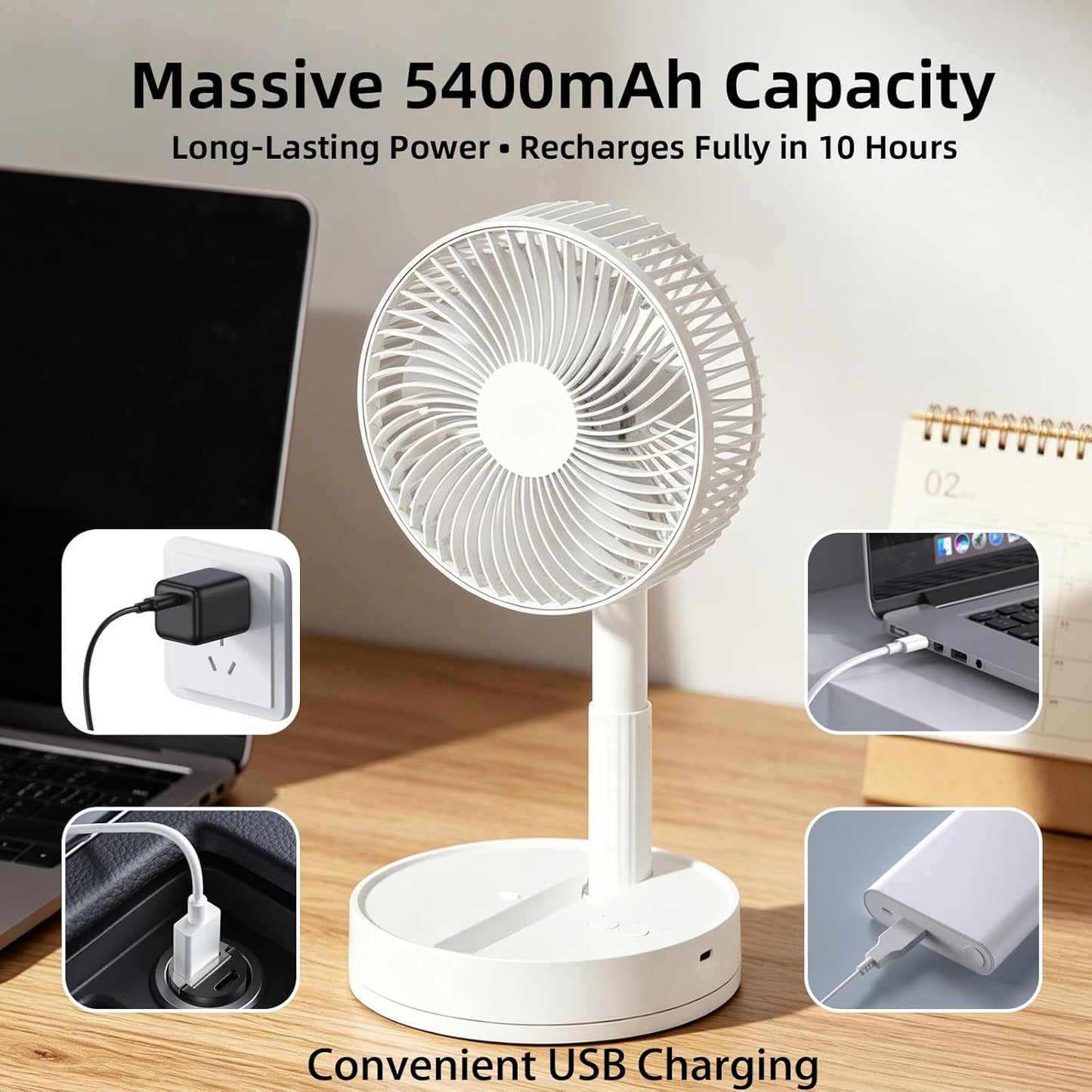 Desk Fan, 8-Inch Folding Portable 5400mAh Battery Powered Fan USB Rechargeable, Oscillating Super Quiet Desk Fan with 4 Speeds, Adjustable Height & Head Angle for Bedroom, Office, Outdoor