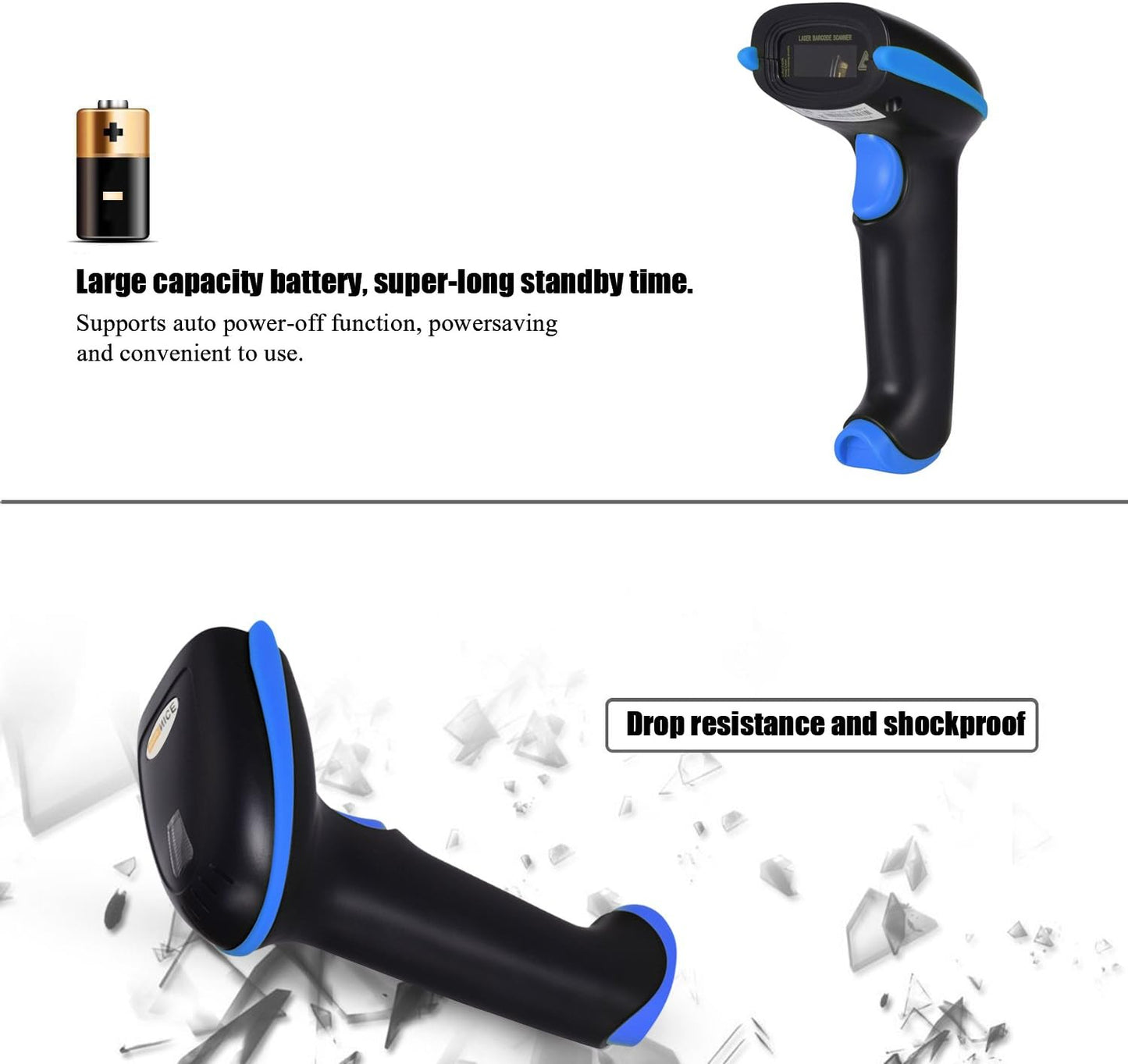 WoneNice 2.4G Wireless Barcode Scanner – 1D Handheld Cordless Barcode Reader for Retail, Warehouse, Inventory – 100ft Range, Plug & Play – Compatible with Windows, Linux, POS (Blue)