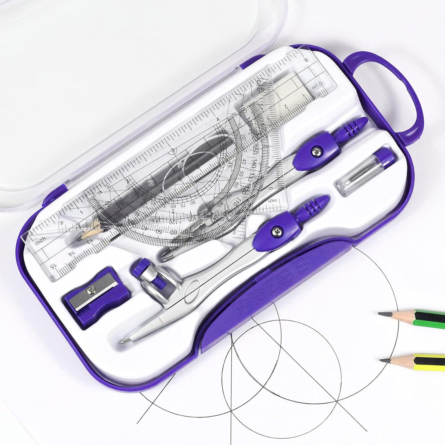 Math Geometry Kit Sets 10 Piece Student Supplies with Shatterproof Storage Box,Includes Rulers,Protractor,Compass,Eraser,Pencil Sharpener,Lead Refills,Pencil,for Drafting and Drawings（Purple）