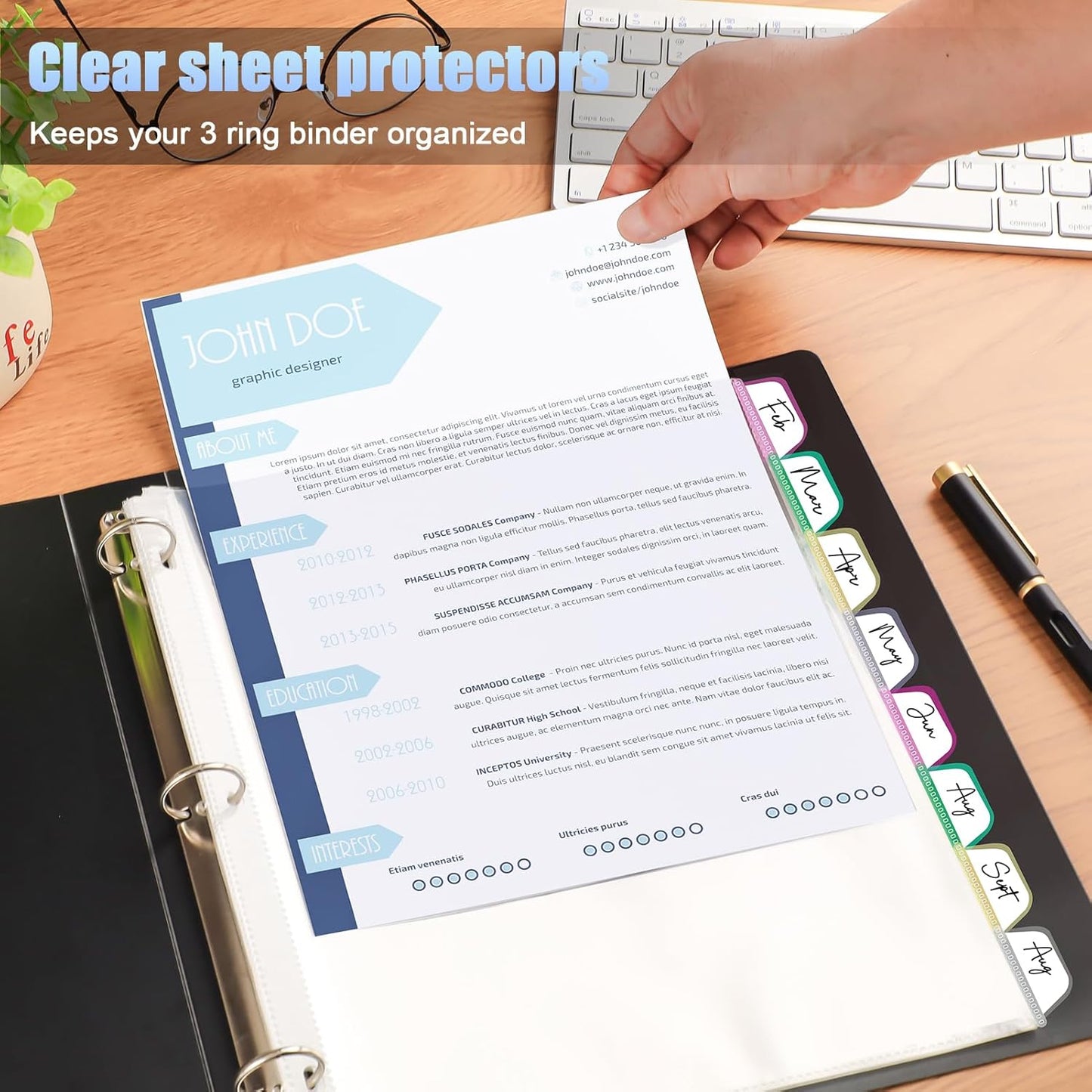 HABGP16PCS/2 Set 3 Ring Clear Binder Dividers with Tabs, 8.5 x 11 8 Tabs Binder Dividers with Pockets, Clear Page Protectors Index Dividers for 3 Ring Binder, Heavy Duty Plastic Sheet Protectors