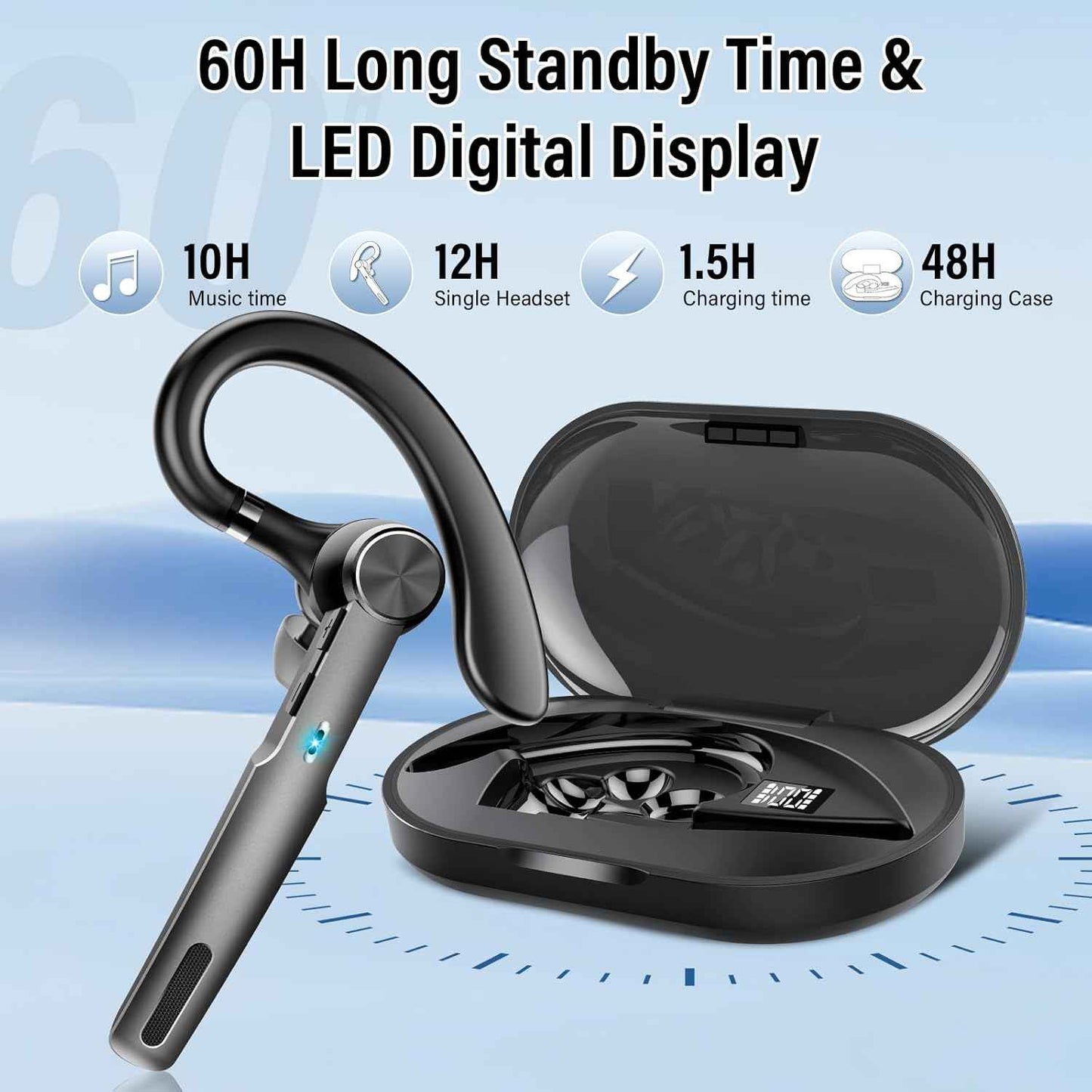 Bluetooth Headset, Wireless Earpiece with ENC Microphone, Single-Ear Bluetooth Earpiece V5.3 with Earhook, 60H Talktime, IP7 Waterproof Hands Free Earphones for for Business/Office, Carbon Black