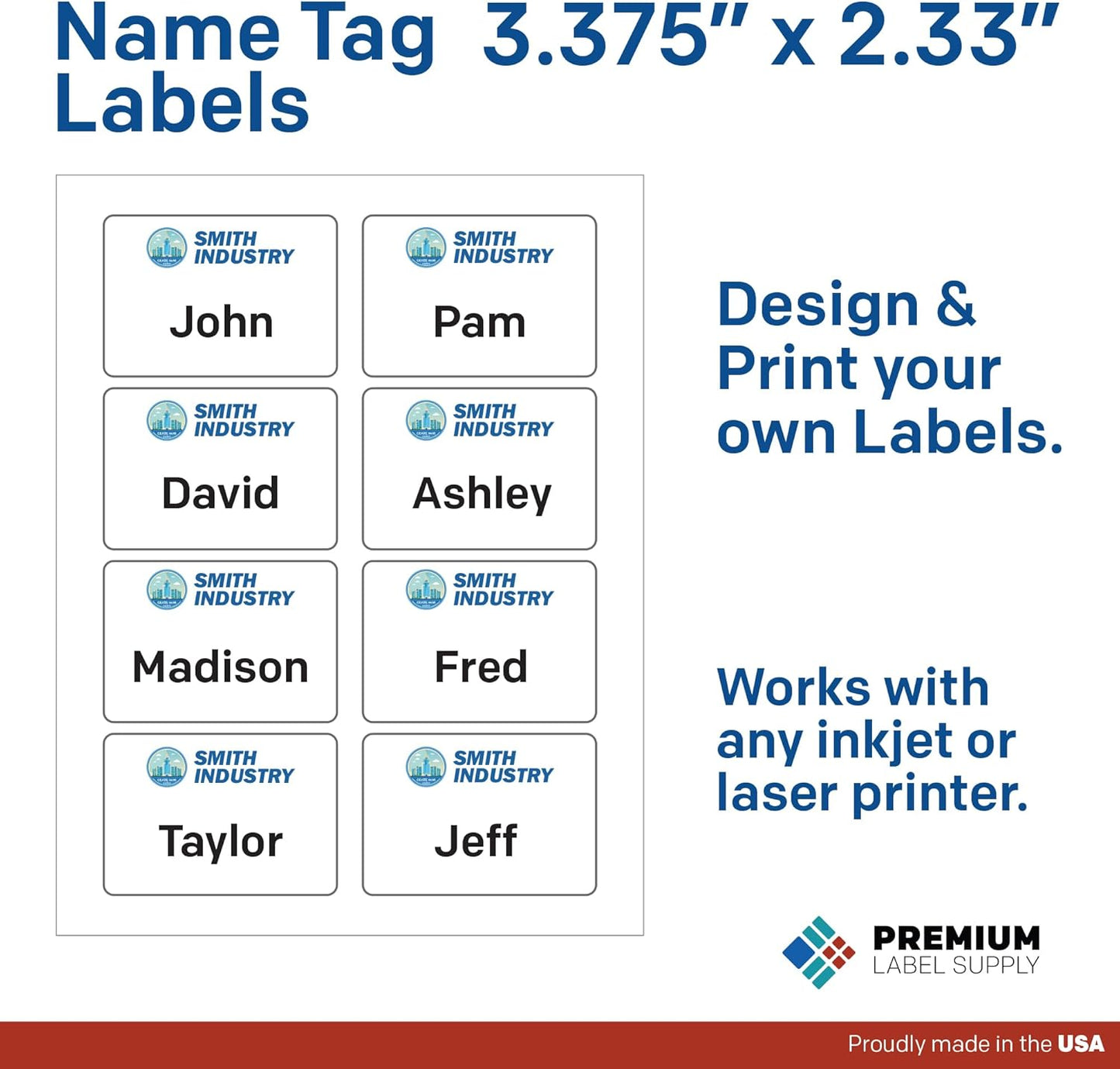 Premium Label Supply Blank Printable Name Tag Stickers - 2-1/3" x 3-3/8" - Laser/Inkjet Compatible – (8 per Sheet) 100 Sheets – 800 Total Adhesive Name Tags