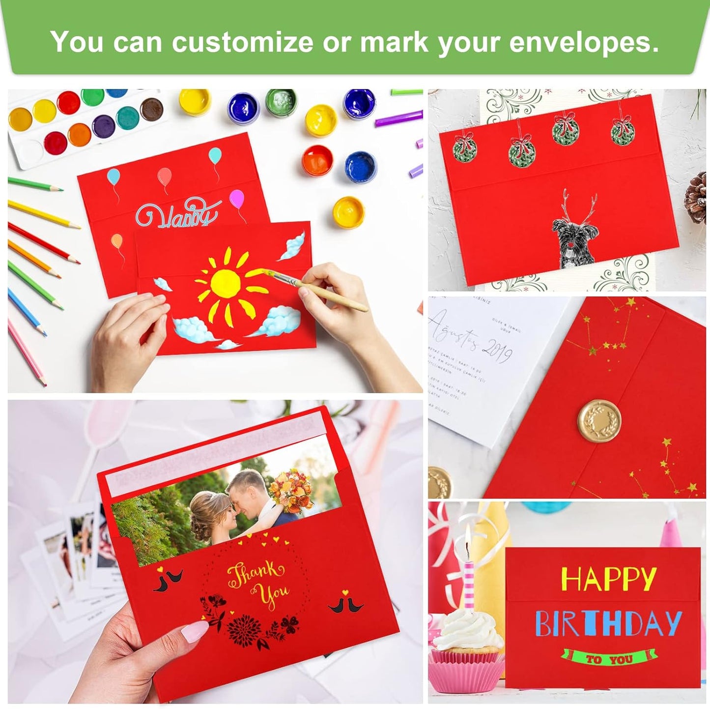 50 Pack 5x7 Envelopes - Self Seal for Weddings, Invitations, Photos, Greeting Cards & Mailing (Red) - Lumora Desk