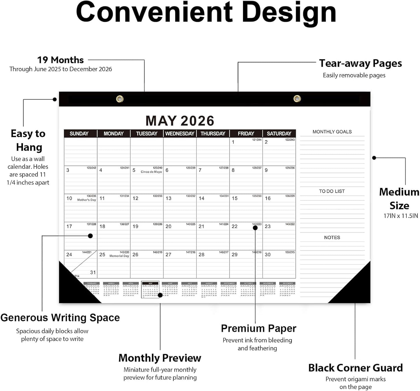 GuassLee Desk Calendar 2025, 5 Packs, 19 Months Calendar 17" × 11.5" Desk Calendar from June. 2025 to December. 2026 with Julian Date, To-do List, Notes, Monthly Goals, for Home School Office