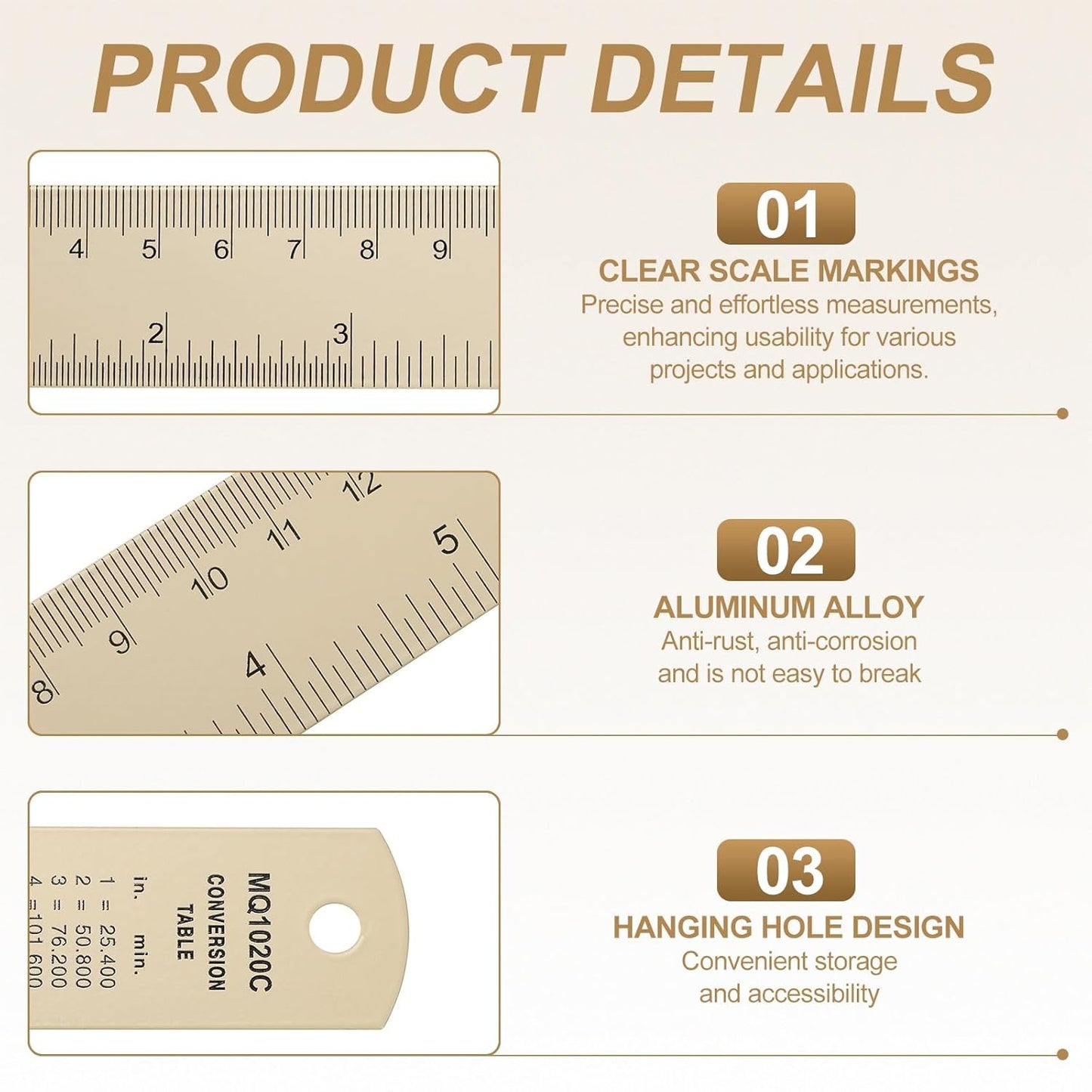 HARFINGTON 6pcs Metal Straight Ruler 15cm Metric SAE Aluminum Alloy Measuring Rulers Scale Tool with Hole for Measure Study Reading Classroom Office, Beige