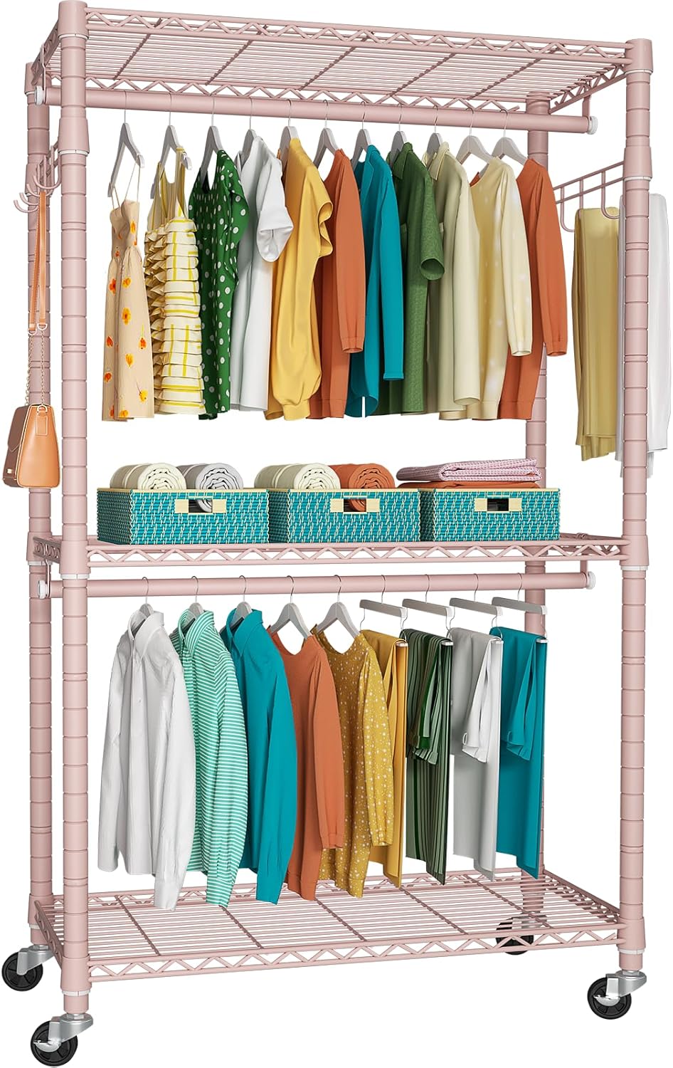 P1 Heavy Duty Garment Rack, 3 Tiers Adjustable Rolling Metal Closet Organizer with Lockable Wheels, FreeStanding Wardrobe with Double Hanger Rods & 1 Pair Hooks, Max Load 450 LBS, Pink