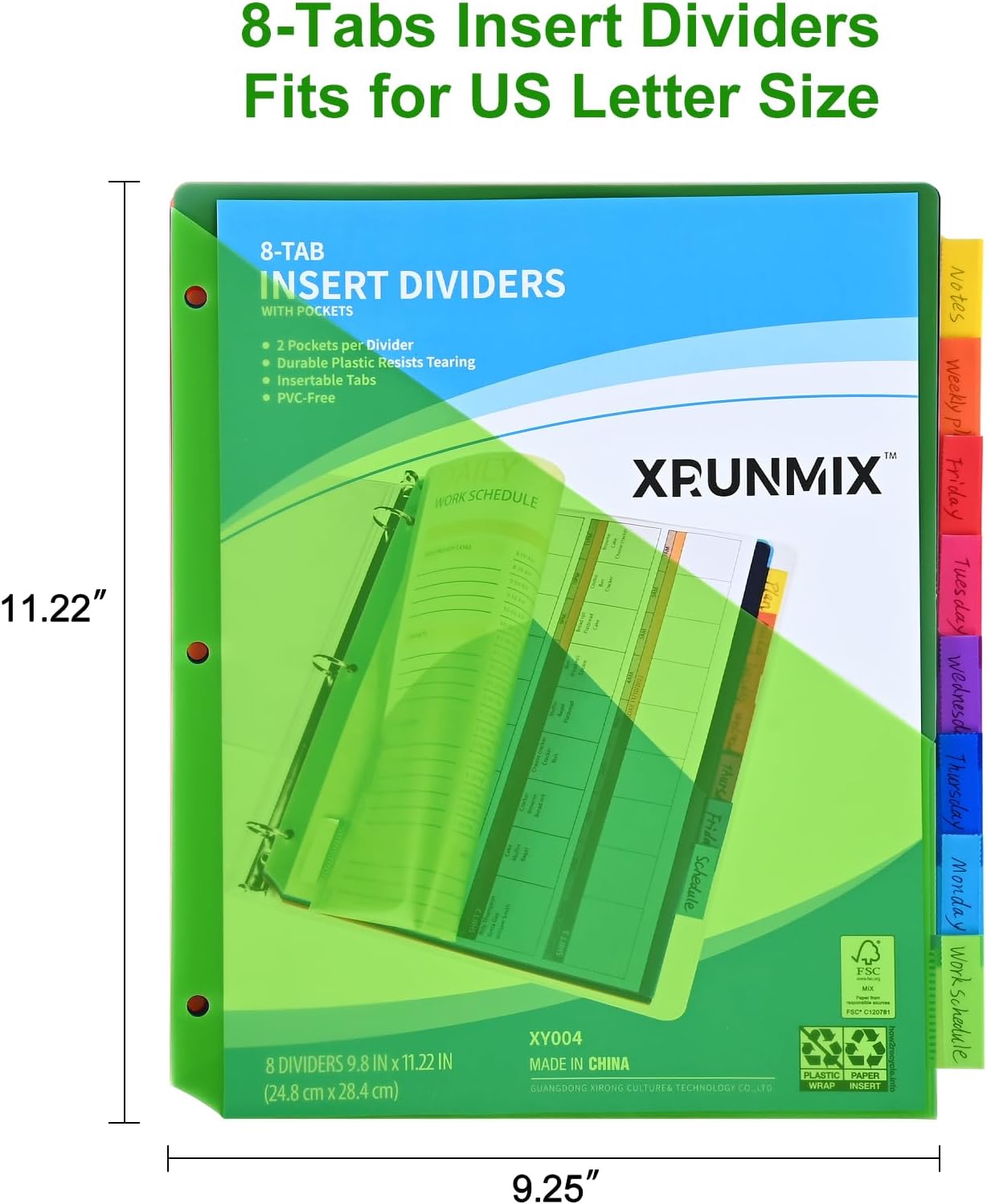 8-Tab Binder Dividers - Index Pockets Divider for 3 Ring Binders, 3-Hole Plastics Sheets Protectors for US Letter Size in 0.5'', 1'', 2'', 3 inch Binders, 8 Colors (XY004) (2 Packs)