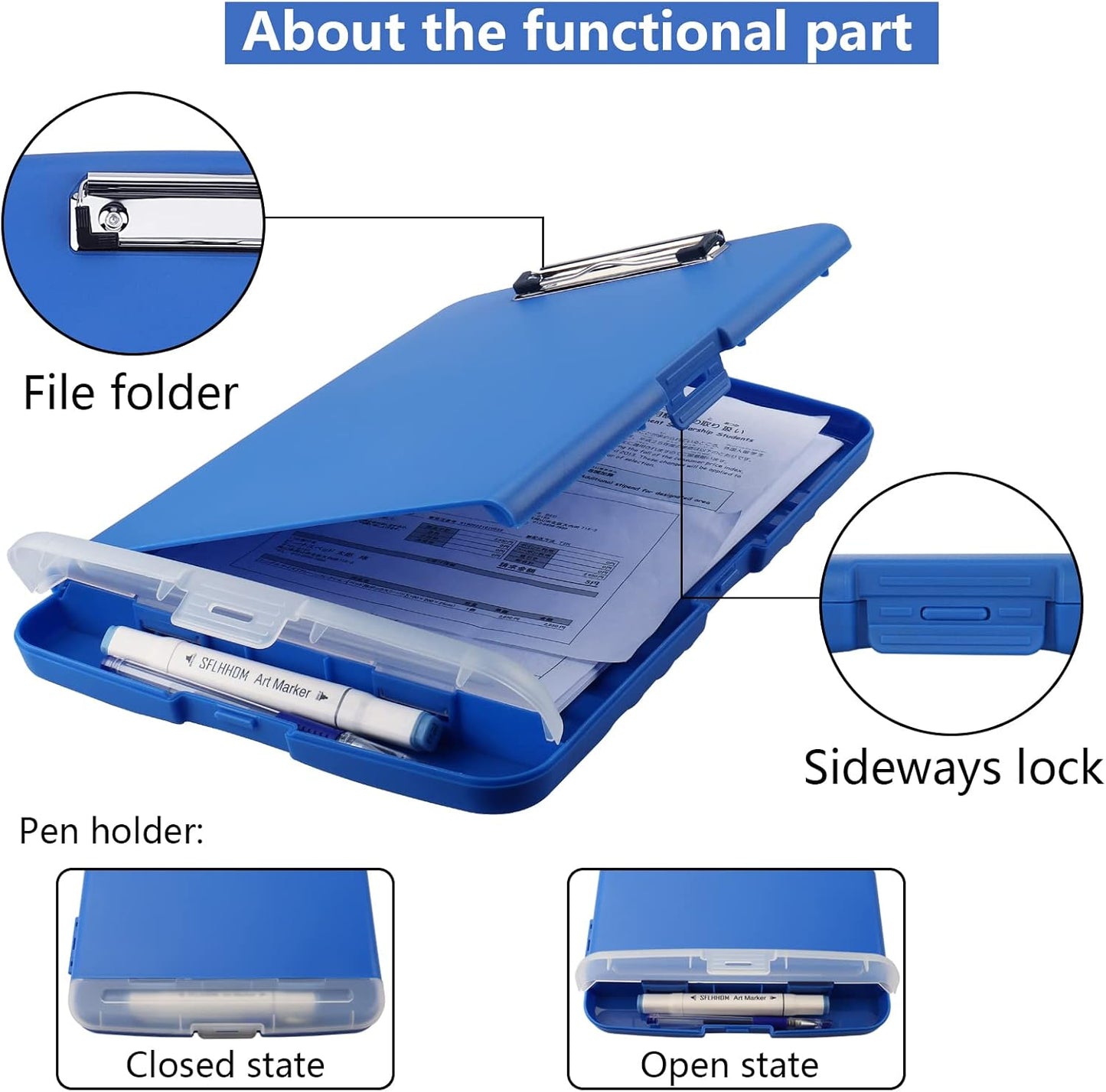 Clipboard with Storage, A4 Binder Clipboards with Pen Holder,Heavy Duty Plastic Storage Clipboards with Low Profile Clip,Nursing Clipboard Folder Side-Opening,Smooth Writing Clip Board for Office-Blue