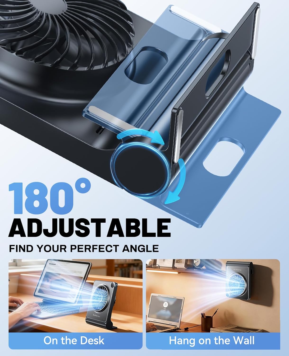 Small Desk Fan, Quiet Portable Table Fan with 100 Speeds, 12 Hrs Cooling, Strong Airflow, Digital Display, 180° Adjustable, Rechargeable Desktop Fan for Bedroom Office Cruise Travel, Black