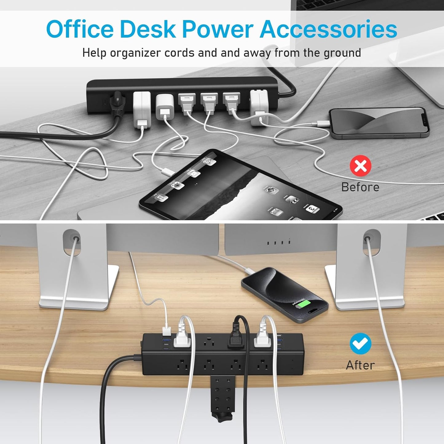CCCEI Desk Outlet Station 45W USB C Port. 12 Outlet Desktop Clamp Power Strip Surge Protector 4800J with Switch. Nightstand Office Standing Desk Accessories, Fit Thicker Table Edge or Screw Mount, 6FT