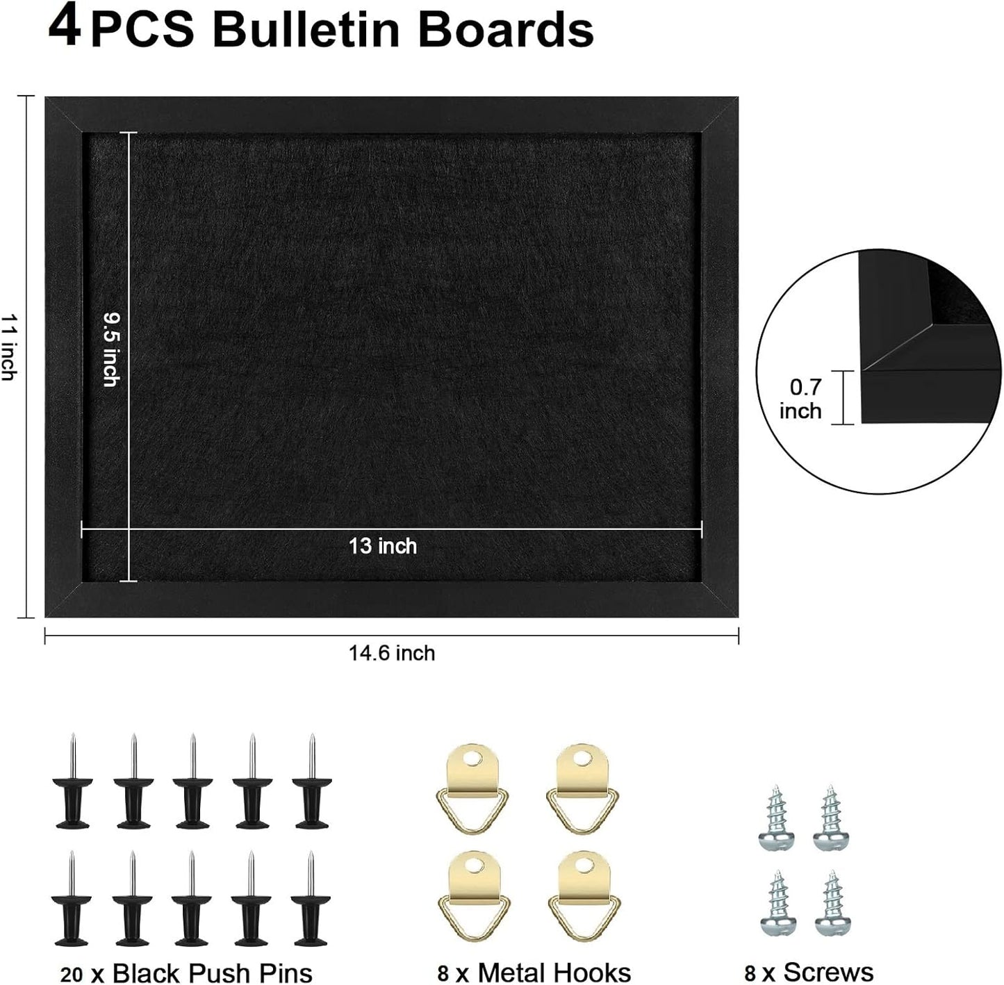 TORASO Cork Board Bulletin Board, Cork Boards for Walls with Pins, Eye Bolts, gaskets, Screws, Pin Board for Office, School and Home (All Black, 11“x14.5” - 4p) - Lumora Desk