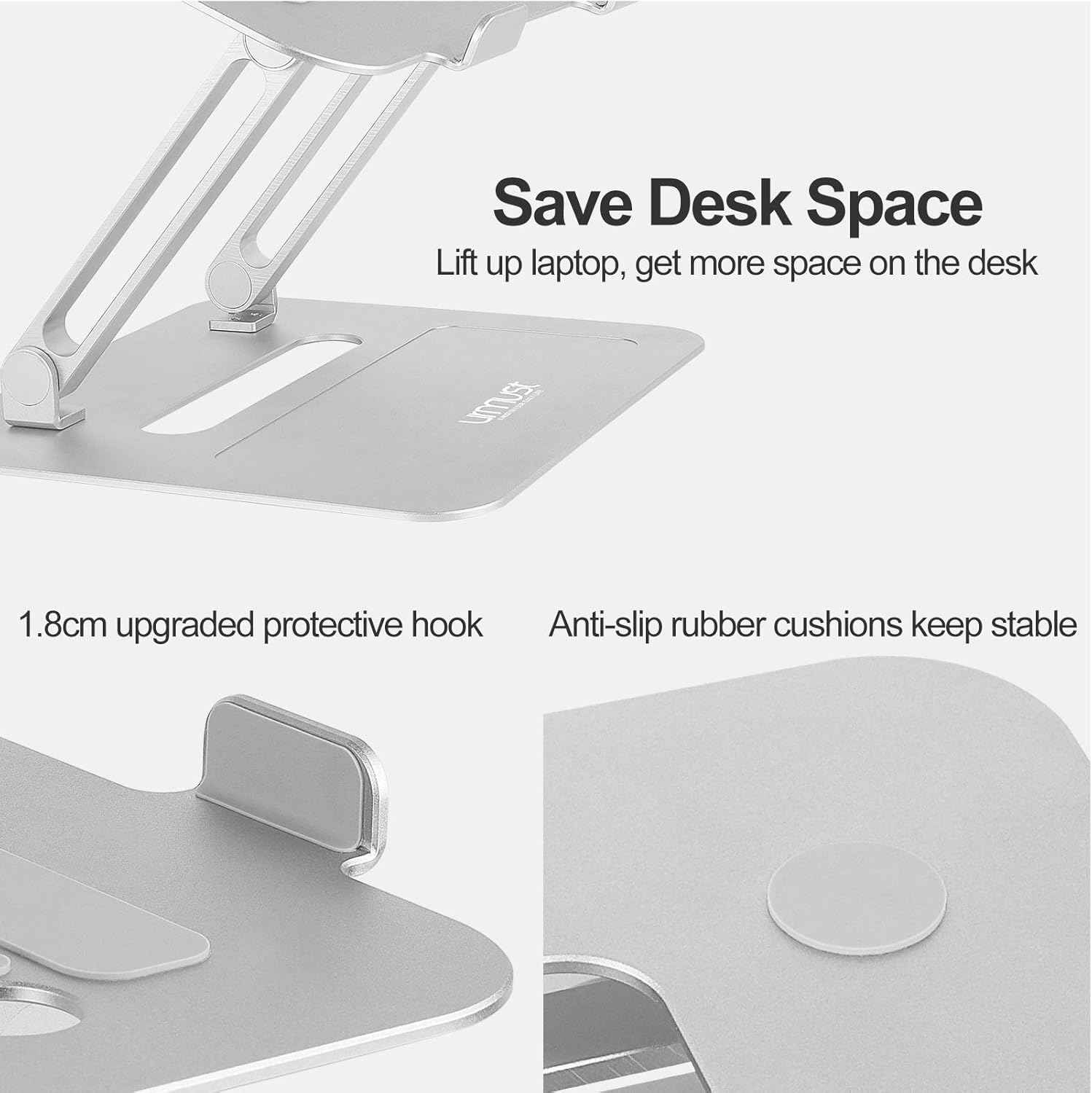 Urmust Adjustable Laptop Stand for Desk Aluminum Computer Stand for Laptop Riser Holder Notebook Stand Compatible with MacBook Air Pro Ultrabook All Laptops 11-17 inch (Silver)