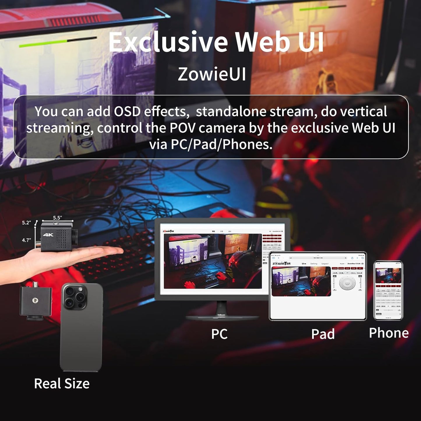 4K POV Camera Webcam PoE, ZowieCAM, Simultaneously HDMI & SDI Output, RTSP/RTMP(s)/SRT, Standalone Live Streaming to YouTube/Twitch for Webcast, Meeting, Teaching & Gaming (M12)