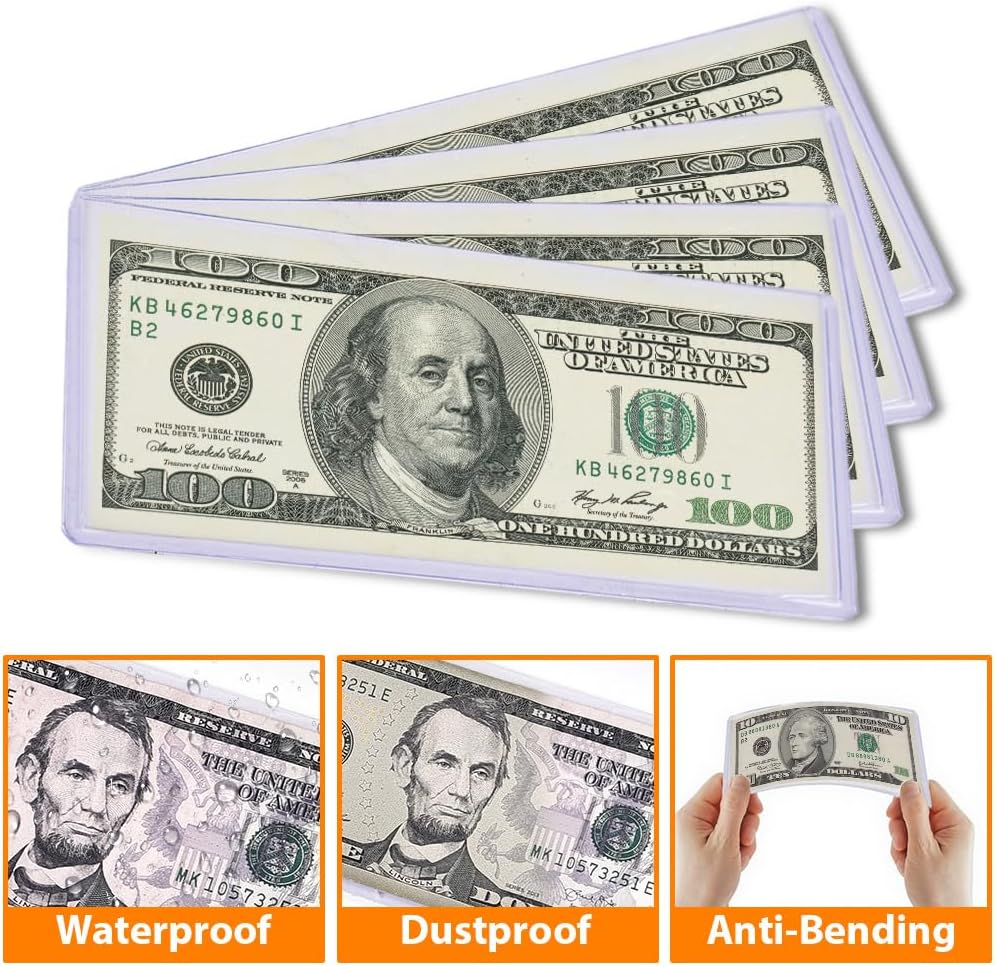 G-PLUS Clear Large Currency Topload Holders,25Pcs PVC Currency Bill Display Holder for Regular Bills Protector Case Supplies