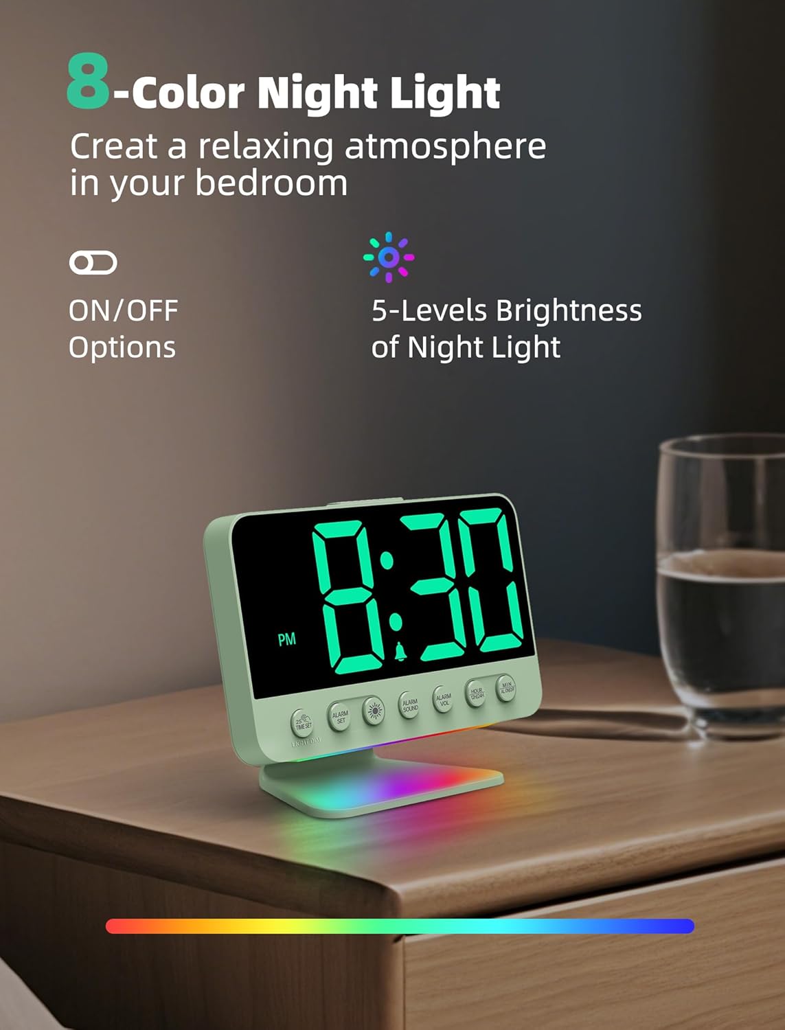 Digital Alarm Clocks for Bedrooms: Large Bold Number 5 Brightness Dimmer - Easy to Read Across The Room - 5 Alarm Sound 8 Night Light - Sage Green