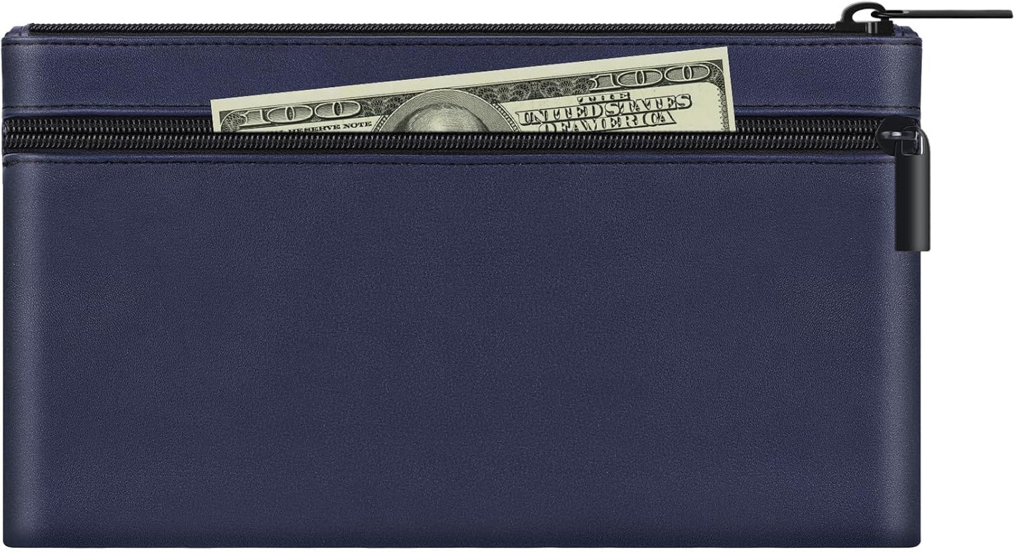 HAUTOCO Money Bag with Zipper 11x6.1 inch Money Pouch with Lined PU Leather Bank Bag Two Pockets Utility Wallet for Cash Check Receipt Coins Cosmetics, Dark Blue