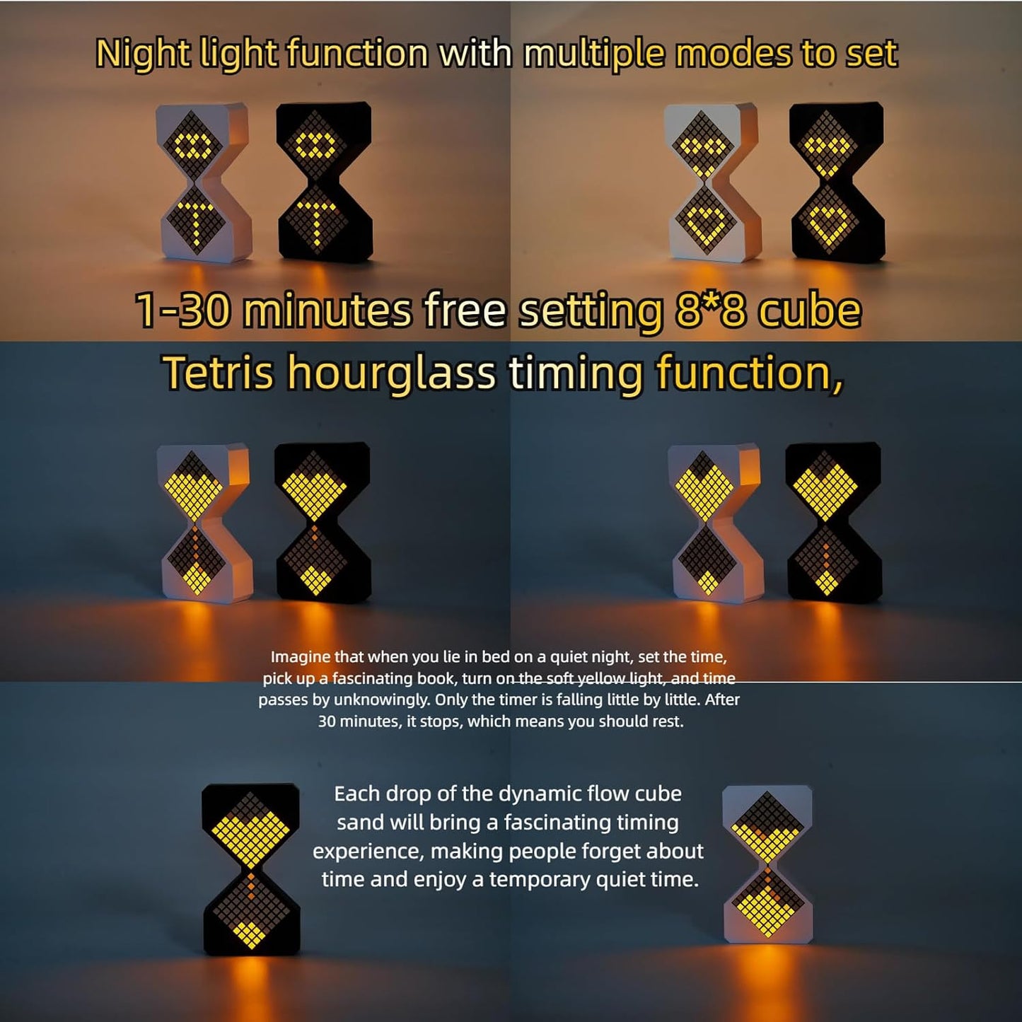 Digital Hourglass 1-30 Minute Freely Adjustable Gravity Timer Dynamic Flow Cube Led Night Light Hourglass Timer for Classroom Home Office Cooking (White, White Light Source)