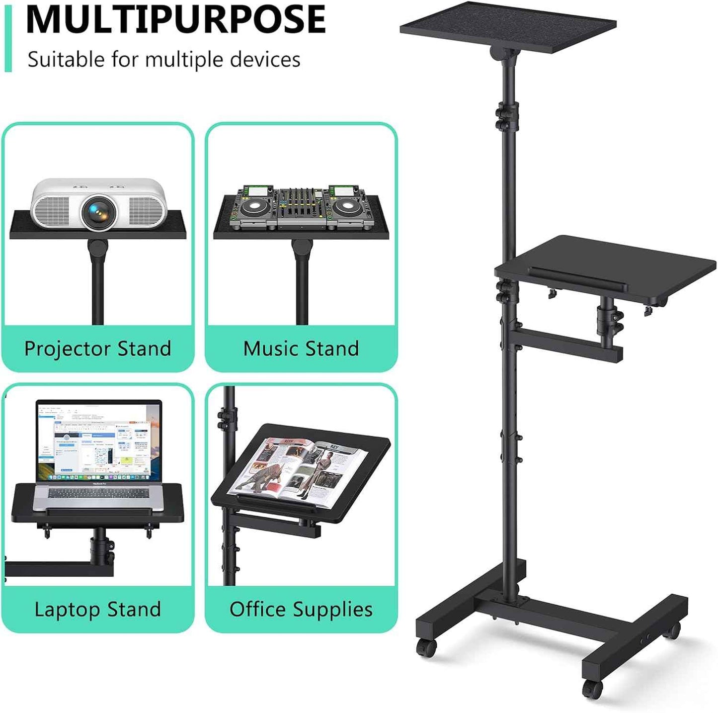 Projector Stand Tripod: 2 Shelves Mobile Laptop Cart Adjustable Height 45 to 64 Inches, Rolling Laptop Stand Cart with Ventilated Tray, Projector Tripod Stand on Wheels for Couch, Bedside, Meeting
