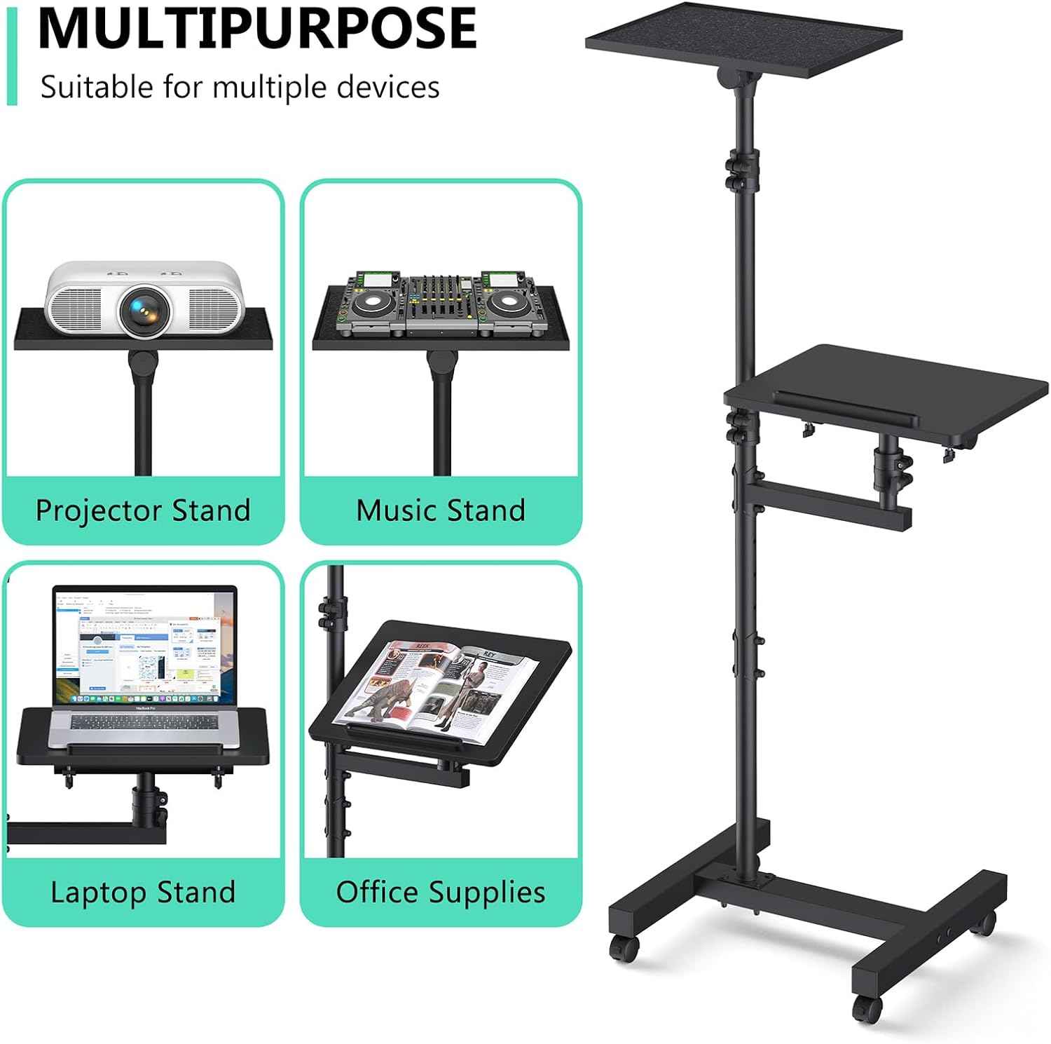 Projector Stand Tripod: 2 Shelves Mobile Laptop Cart Adjustable Height 45 to 64 Inches, Rolling Laptop Stand Cart with Ventilated Tray, Projector Tripod Stand on Wheels for Couch, Bedside, Meeting