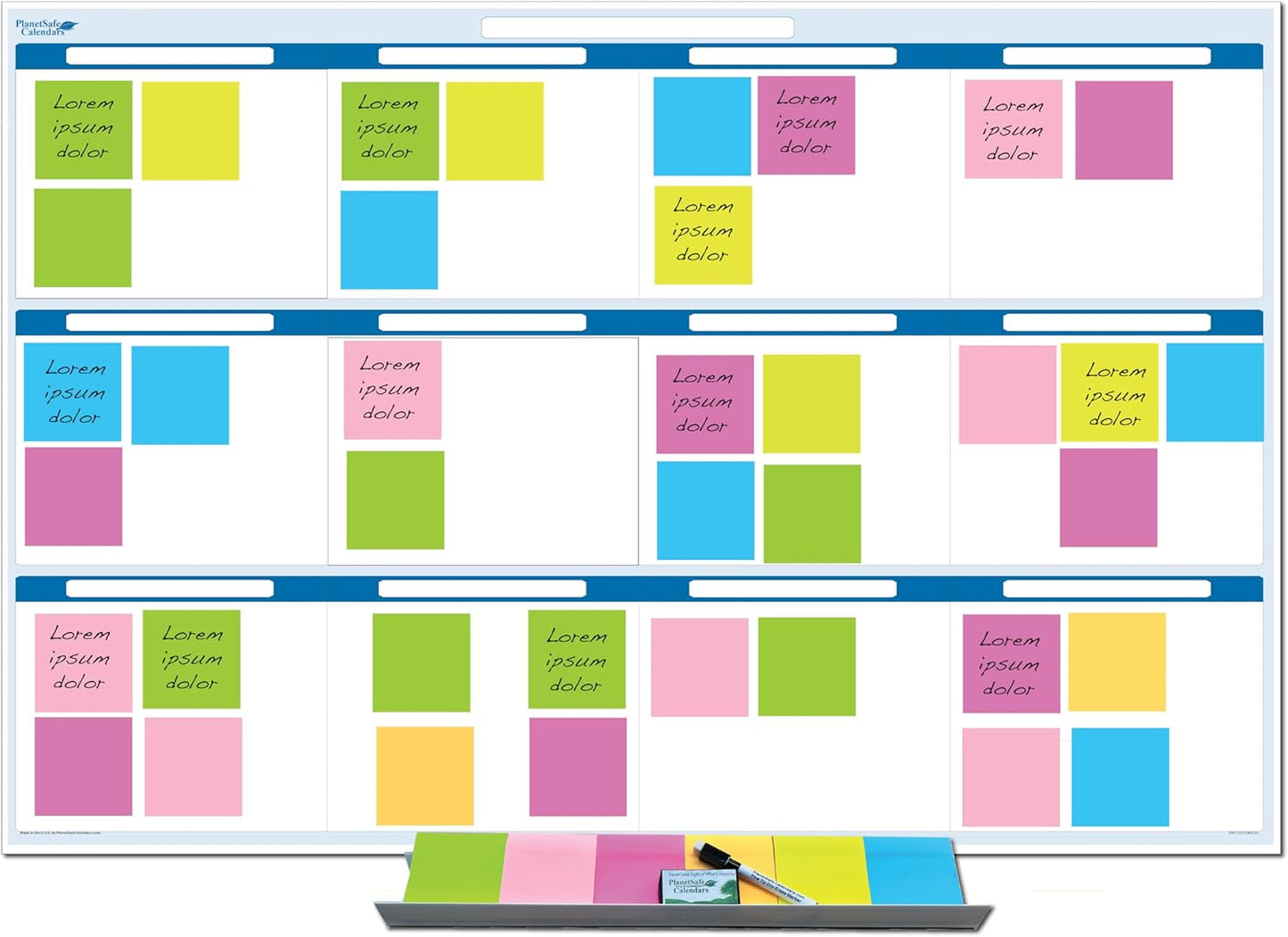 Sky Blue 12 Section Task, Objective and Goals Planning System Horizontal 24" Tall x 36" Wide. Wall Tray, Dry-Erase Marker, Eraser and 600 Sticky-Notes