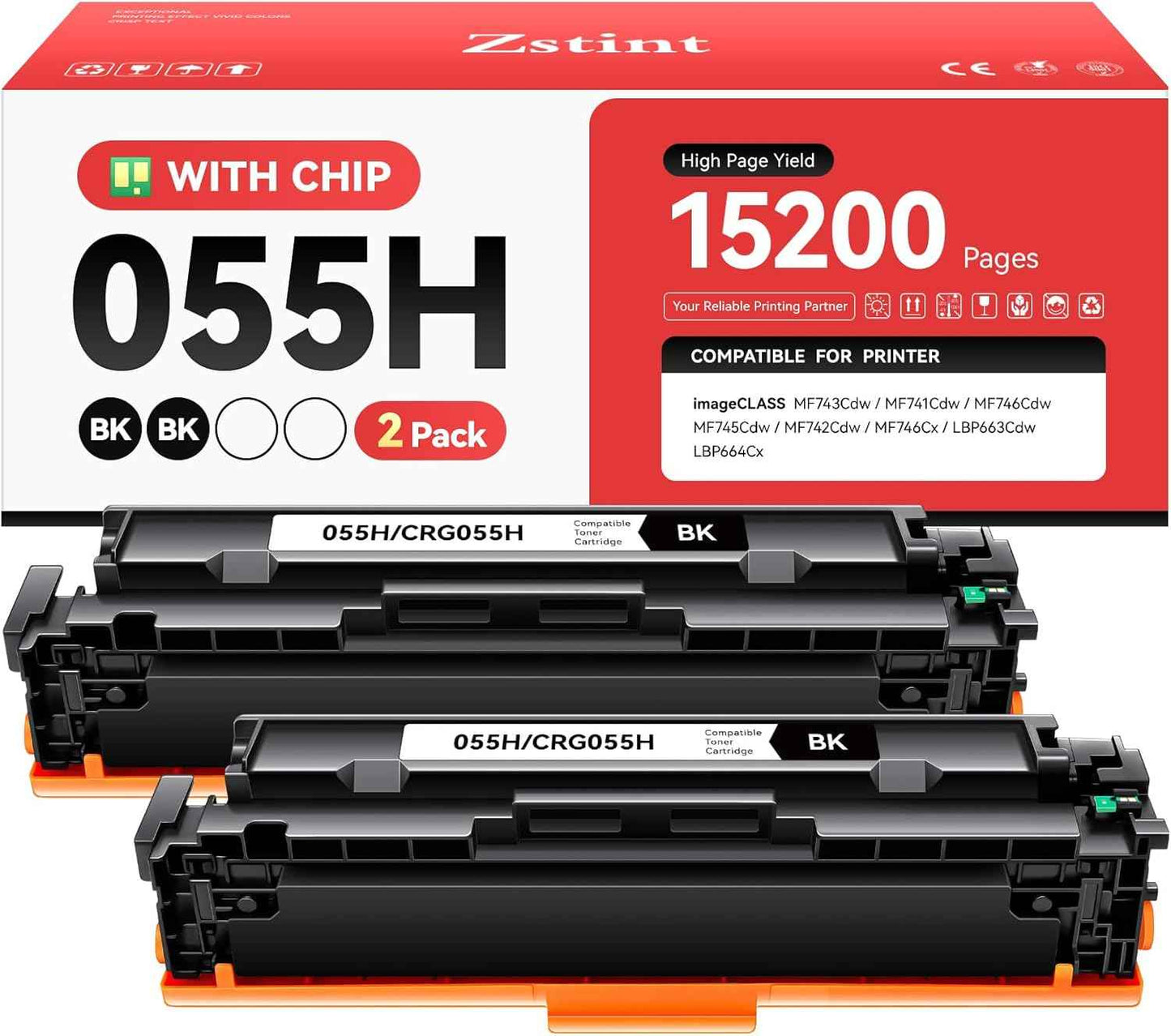 055H 055 Black Toner Cartridge Set 2-Pack High Capacity Replacement for Canon 055H 055 Compatible for Canon Color imageCLASS MF743Cdw MF741Cdw MF745Cdw MF746Cdw LBP664Cdw MF743 MF741 Laser Printer Ink