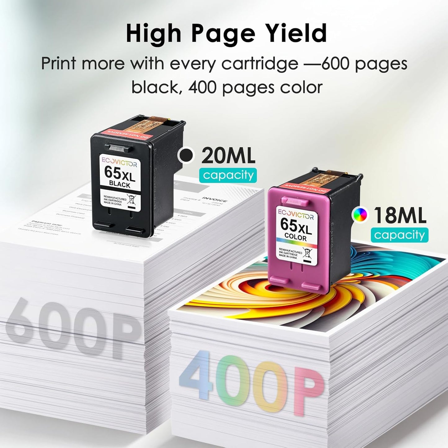 Eco-Friendly Remanufactured Ink Cartridge Replacement for HP Ink 65 XL 65XL Black and Color Combo Pack for 5055 5052 5010 5070 5014 3755 2655 3720 3722 3723 3752 3758 2652 2624 2640 Printer