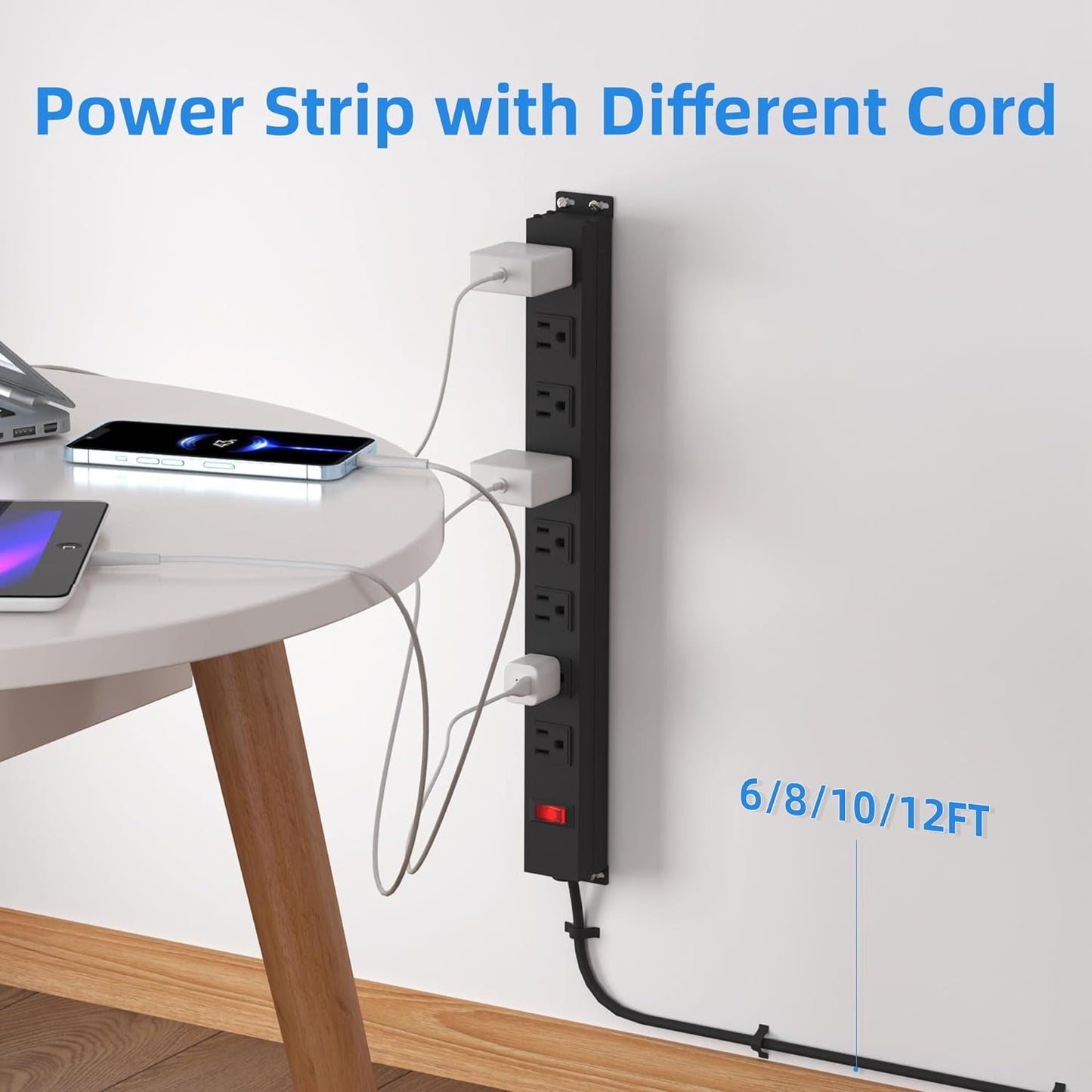 8 Outlet Metal Power Strip,6FT Long Extension Cord Heavy Duty Power Strip for Kitchen,Office,School,Commercial,Workshop,Industrial ETL Certified and Listed Socket,1825W/125V/15A,Black(6FT)