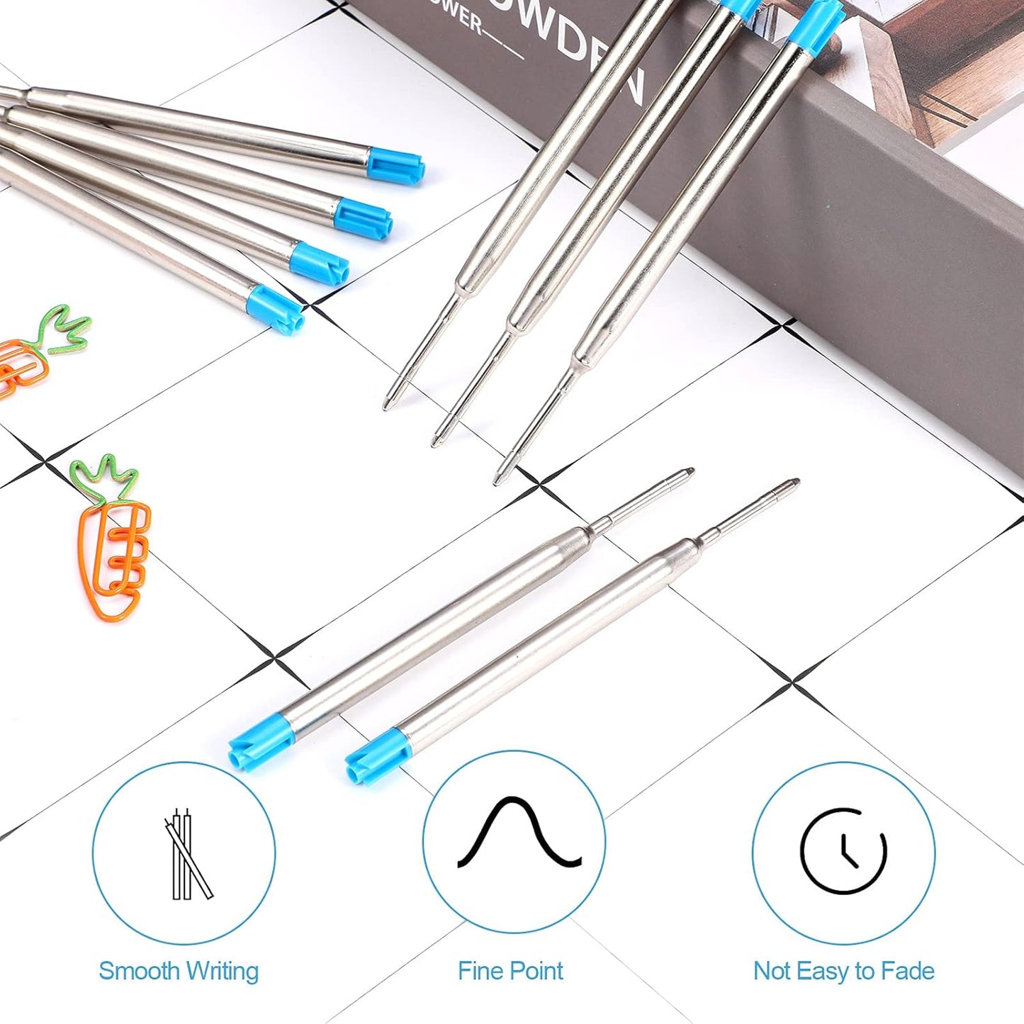 12 Pieces Pen Refills Blue Ink 1.0mm Medium Point Metal Ballpoint Refill Smooth Writing Pen Refills Replacement Refills for Retractable Ballpoint Pen School Office Supplies (Blue)