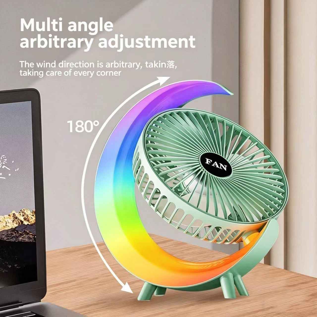 Small Quiet Desk Fan Rechargeable, Portable USB Table Fan with 5 Light Modes, 3-Speed 180° Rotation, Mini Desktop Personal Cooling Fans For Office Bedroom Kitchen Camping Dorm, Green-B