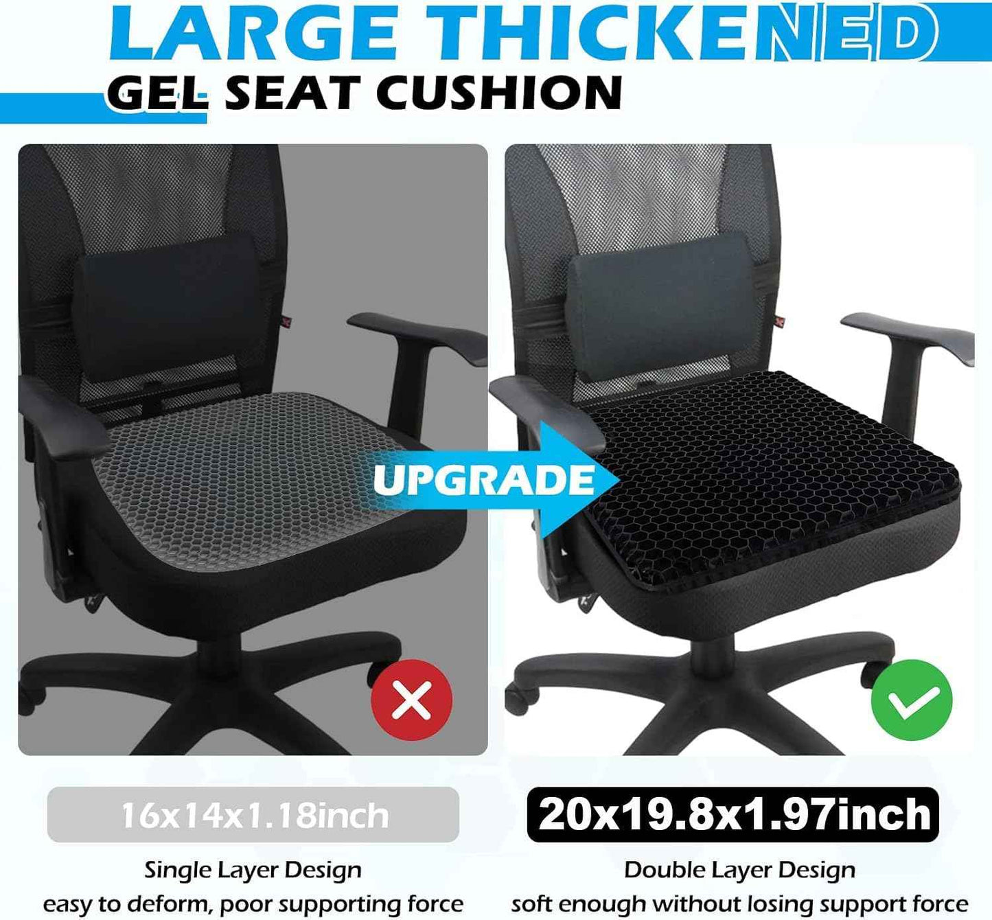 20" Gel Seat Cushion for Long Sitting Pressure Relief - Jumbo & Thick Gel Cushions for Office Chairs - Tailbone Pain Relief Cushion, Sciatica & Back Support, Wheelchair Cushions & Car Seat Cushion