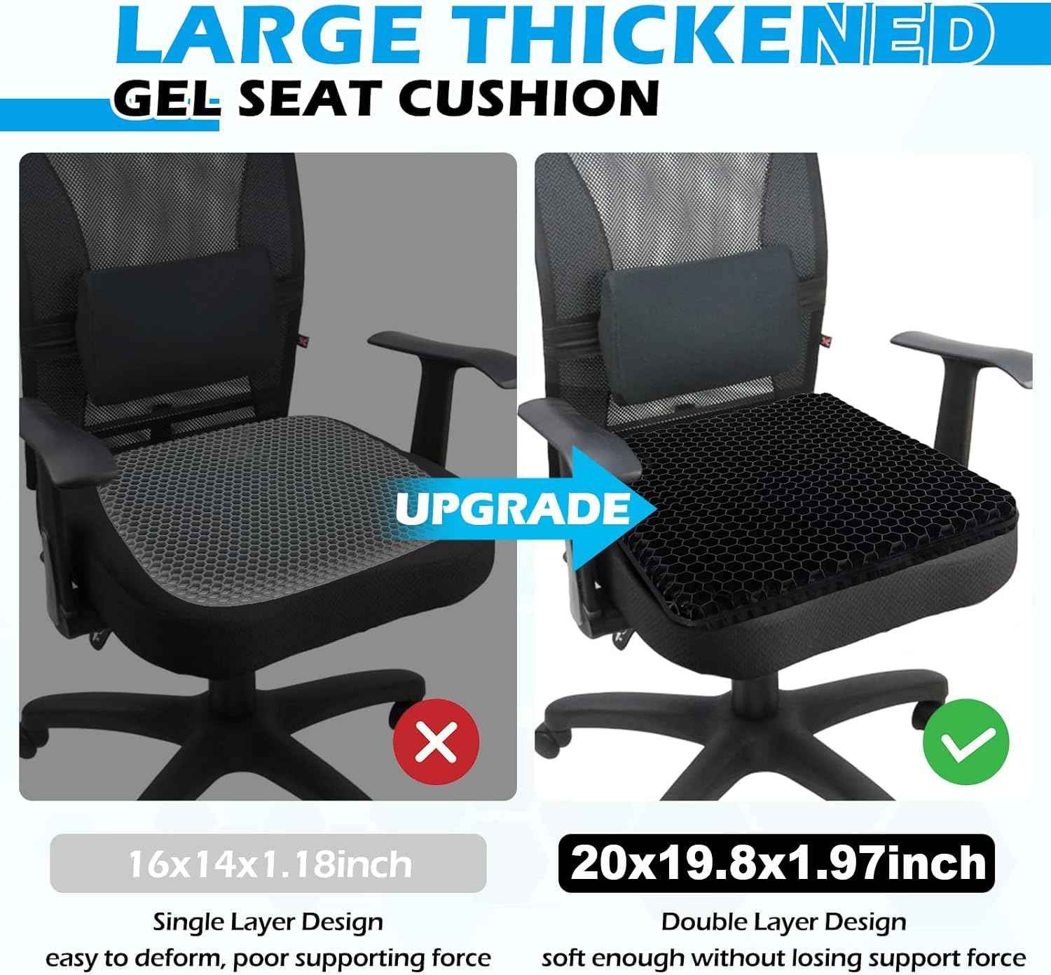 20" Gel Seat Cushion for Long Sitting Pressure Relief - Jumbo & Thick Gel Cushions for Office Chairs - Tailbone Pain Relief Cushion, Sciatica & Back Support, Wheelchair Cushions & Car Seat Cushion
