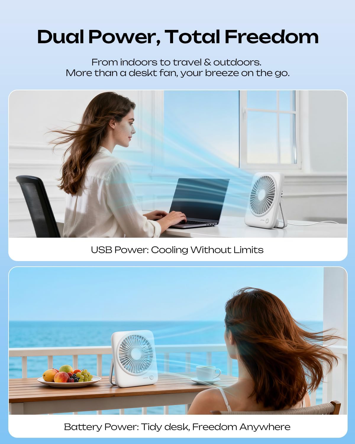 Otlonpe Personal Portable Desk Fan, 4000mAh Small Rechargeable Portable Fan Battery Operated & USB Powered for Travel Sleeping Bedroom Office Home Table, Cordless, Quiet, 4-Speed, 6.5 Inch (White)
