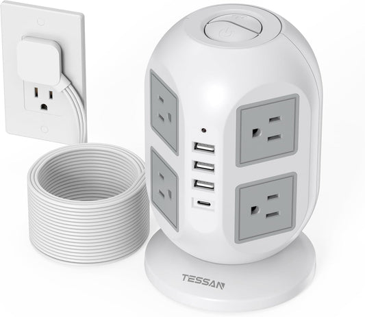 Tower Surge Protector Power Strip 15 ft, TESSAN Long Flat Extension Cord with Multiple Outlets, 8 AC Outlets with 4 USB Ports (1 USB C), Charging Station with Surge Protection, for Home Office Dorm