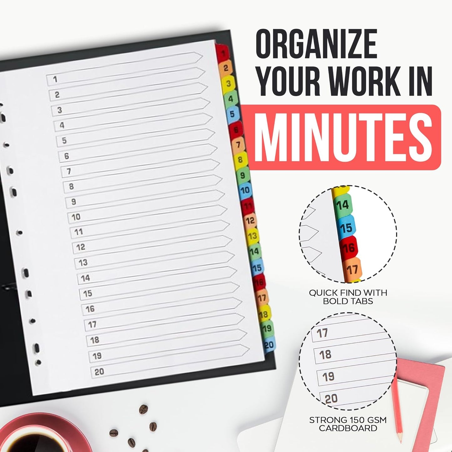 Binder Dividers with Tabs 1-20 Numbered – A4 (5 Pack) | Dividers for 3 Ring Binder | Numbered Tab Dividers for Office, School & Home Organization - The Paper Shop