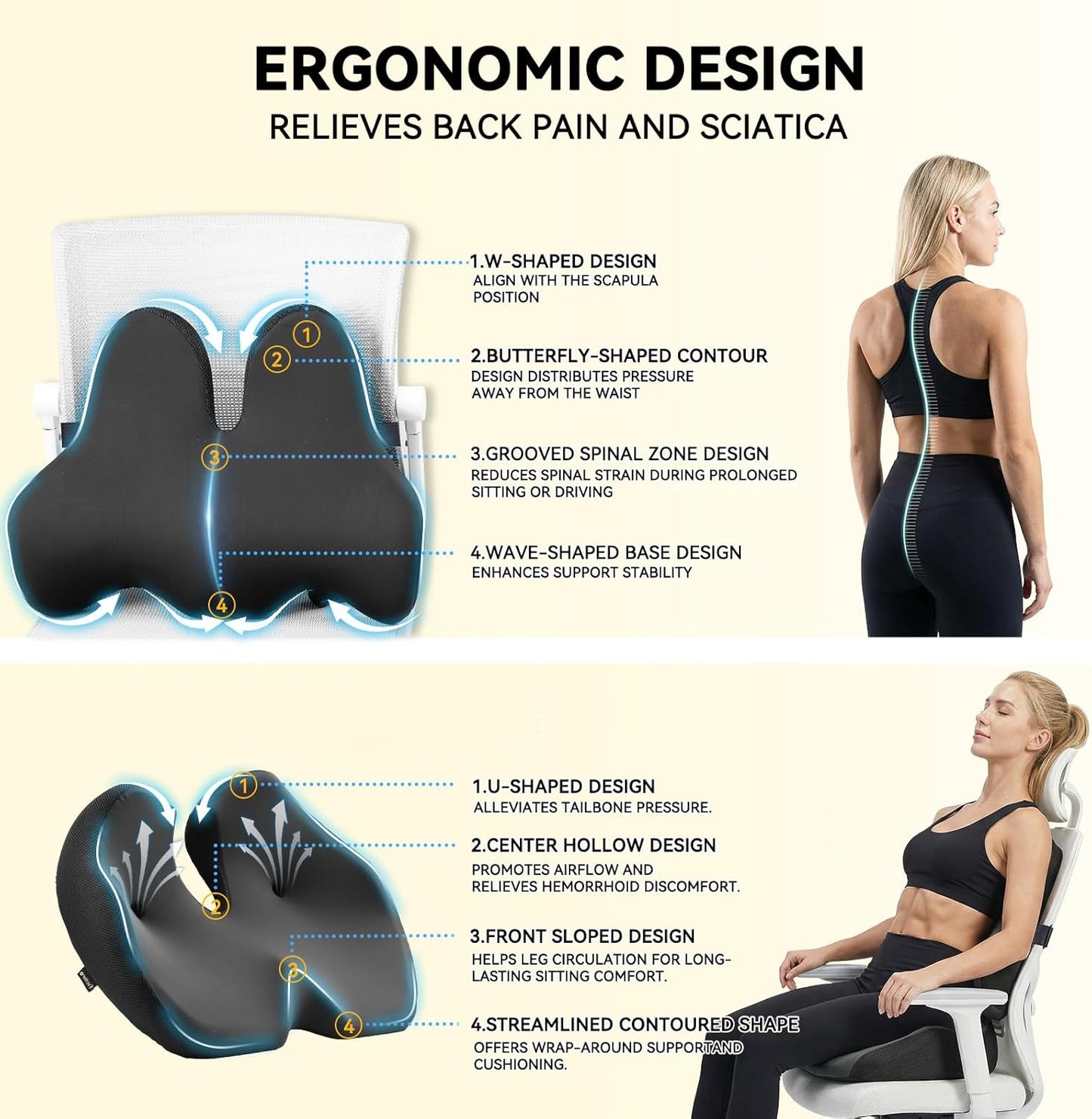 Seat Cushion Lumbar Support Pillow Set, X Large Memory Foam Coccyx Pad for Tailbone & Sciatica Pain Relief, Office Chair Cushions Back Support for Car, Desk, Wheelchair with Adjustable Fixed Strap