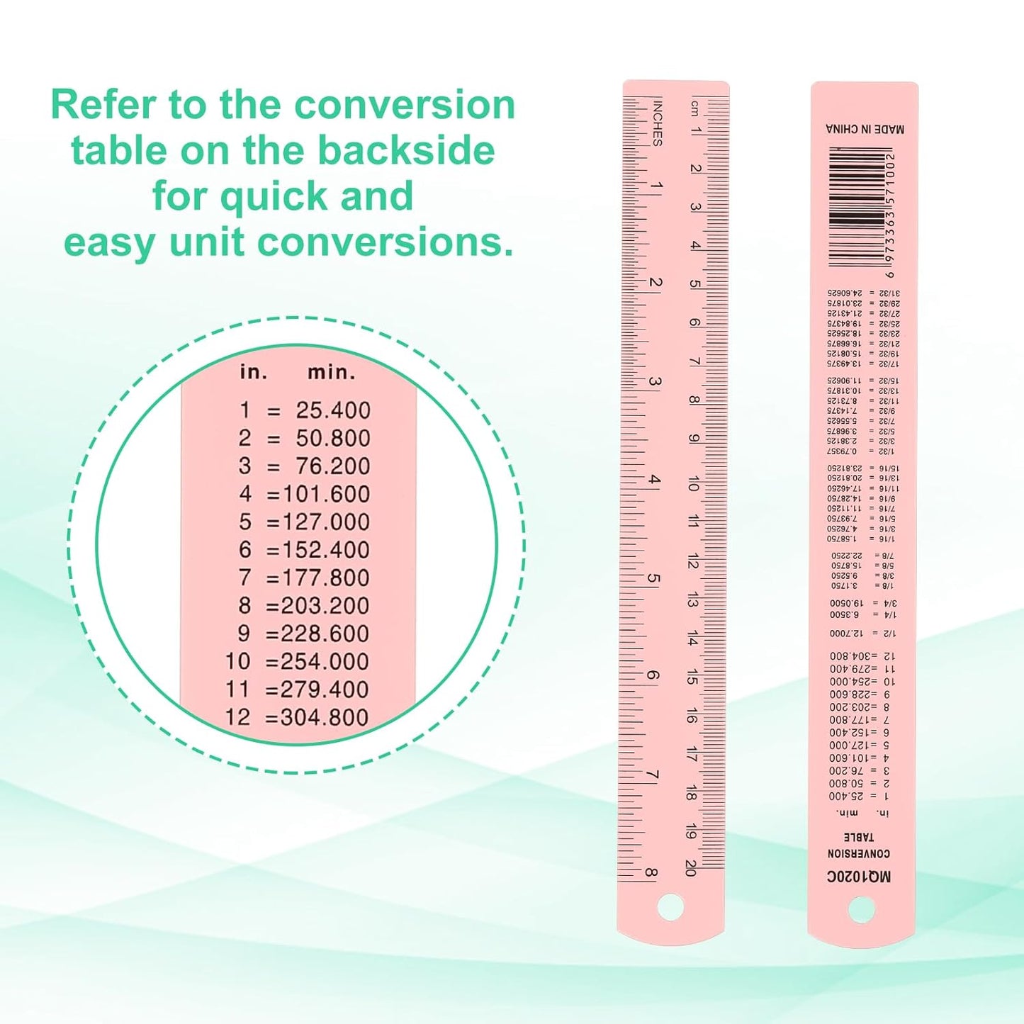 PATIKIL 20cm/8" Metal Ruler, 2 Pack Aluminum Alloy Rulers with Centimeters, Millimeters, Inches and Conversion Table Straight Edge Ruler for Writing Machinist Drafting, Pink