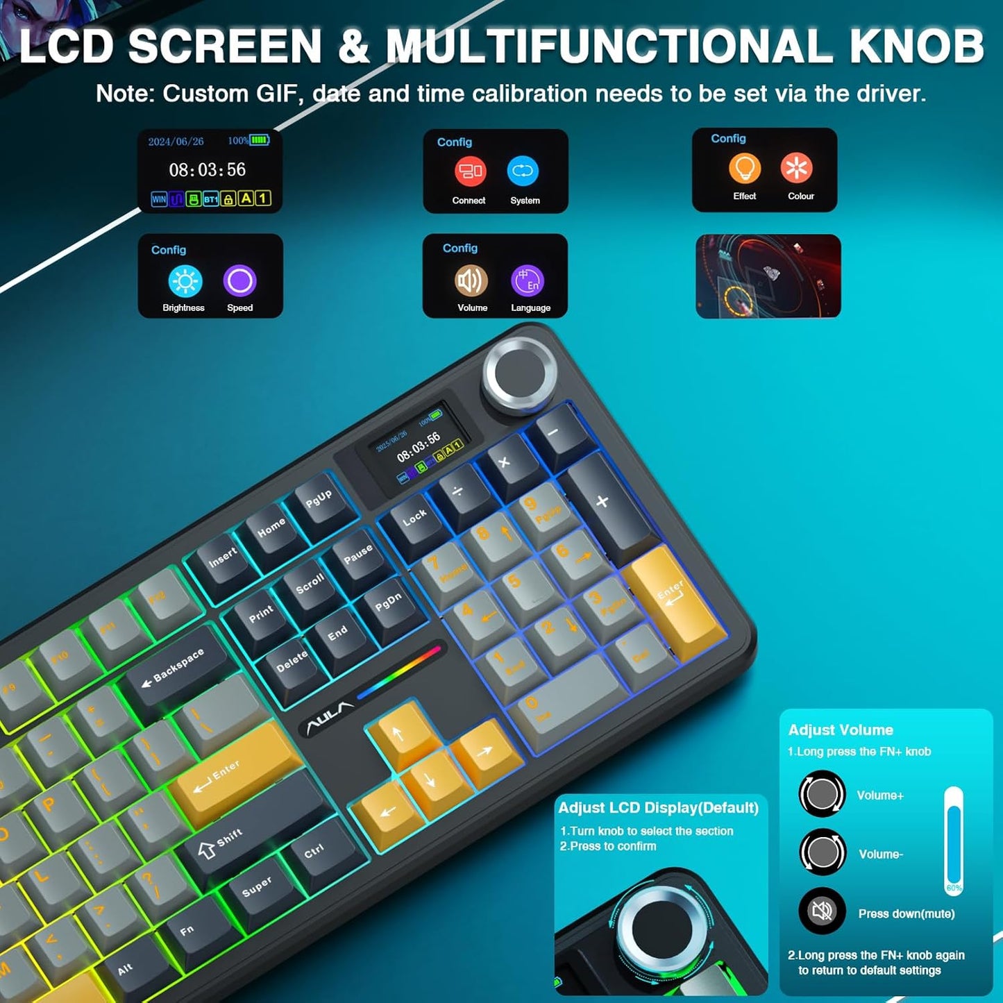 AULA F108 PRO - Wireless Mechanical Keyboard with Screen&Knob,Hot Swappable Gaming Keyboard with 8000mAh Battery,Pre-lubed Switches,RGB Backlit,PBT Keycaps Creamy Sounding Computer Keyboards,104 Keys