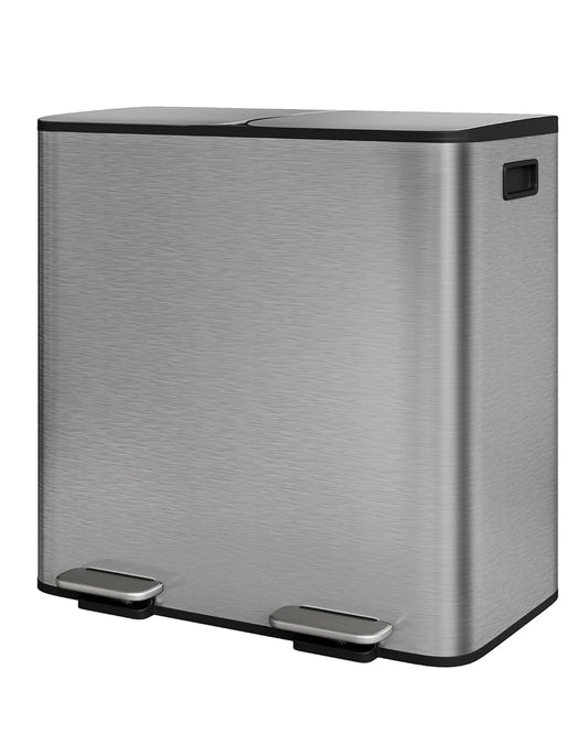 GarveeHome 2 x 10.6 Gallon Stainless Steel Double Trash Can with Lid for Kitchen, Large Dual Trash and Recycle Bin Combo, Step-on Kitchen Metal Garbage Cans, PP Inner Buckets, Liner Rim, Matte Grey