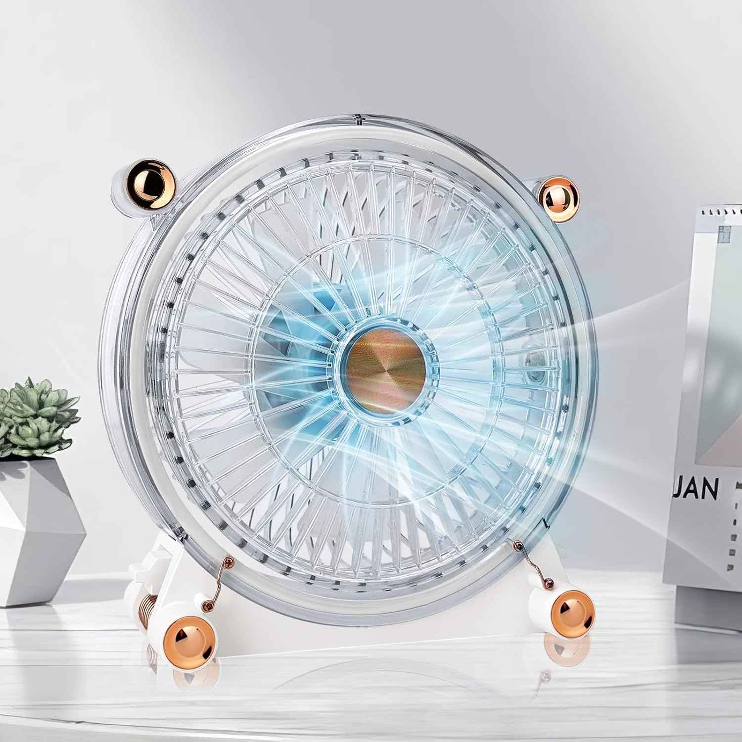 Desktop Fan - Transparent and Stylish Design, 3 Speeds Adjustable, Quiet Portable Fan Can be Flipped 360°,USB Desk Fan for Office, Bedroom, Home, Kitchen, Camping