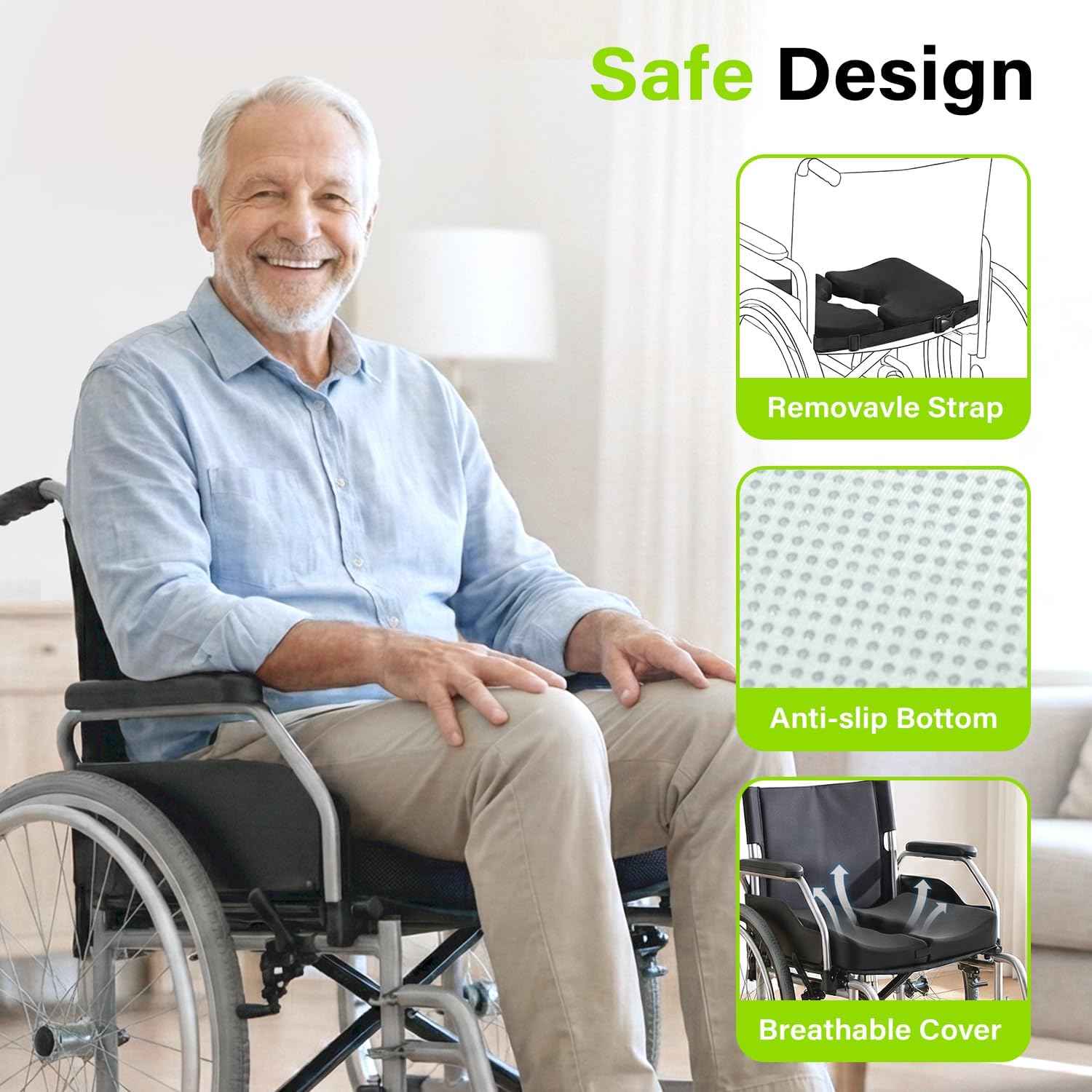 Bed Sore Cushion, Gel Wheelchair Seat Cushion,18”x16” Relieve Sciatica, Back, Coccyx & Ulcer Pain, Foldable Ergonomic Cushion for Bedridden, Elderly, with Anti-Slip Cover & Handle