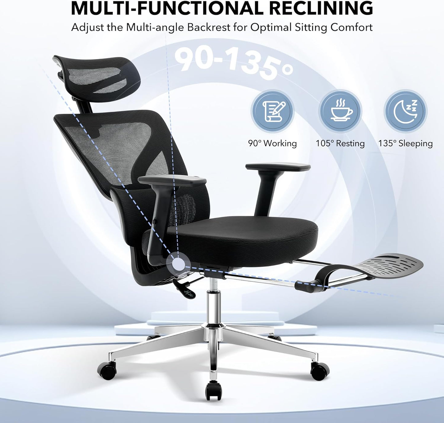 Office Chair Ergonomic Desk Chair - Home Mesh Chair with Adjustable Footrest Lumbar Support, High-Back Computer Gaming Chair with Headrest 3D Armrests, Rolling Swivel Task Chairs for Home, Office