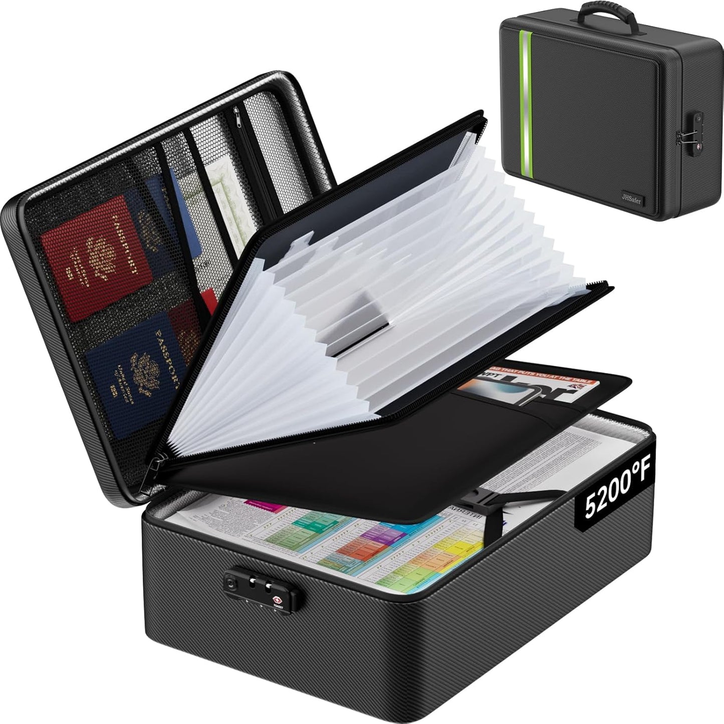 5200℉ Fireproof Document Bag, Insulated Document Box with Lock, Important Document Organizer with Waterproof Zipper, Portable Soft Home Travel Office Safe Storage for Legal/Letter/A4 Files,Black