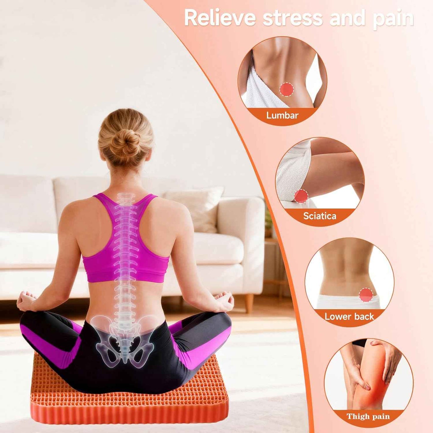 Innovative Gel Seat Cushion for Long Sitting, Breathable Grid Seat Cushion, Soft Cooling Support Chair Cushion for Office, Wheelchair, Car, Gel Cushion for Back, Sciatica,Tailbone Pain Relief.(orange)