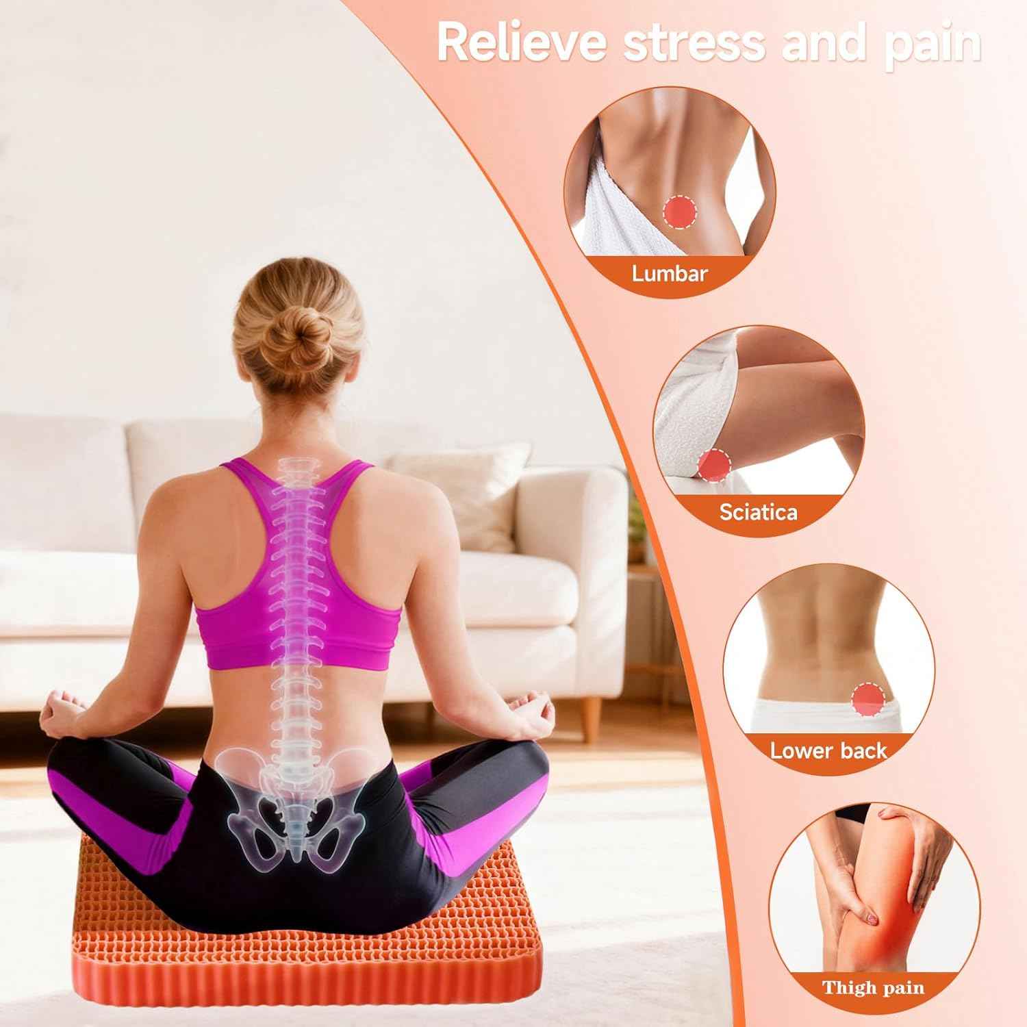Innovative Gel Seat Cushion for Long Sitting, Breathable Grid Seat Cushion, Soft Cooling Support Chair Cushion for Office, Wheelchair, Car, Gel Cushion for Back, Sciatica,Tailbone Pain Relief.(orange)