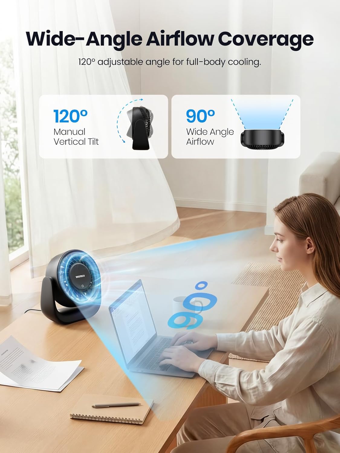 Warmco USB Desk Fan with Touch Control, (USB Powered Only, No Battery) Small Personal Desktop Fan, USB-A & USB-C Plug, 3 Speeds Strong Airflow, Quiet Table Fans for Home Office Dorm