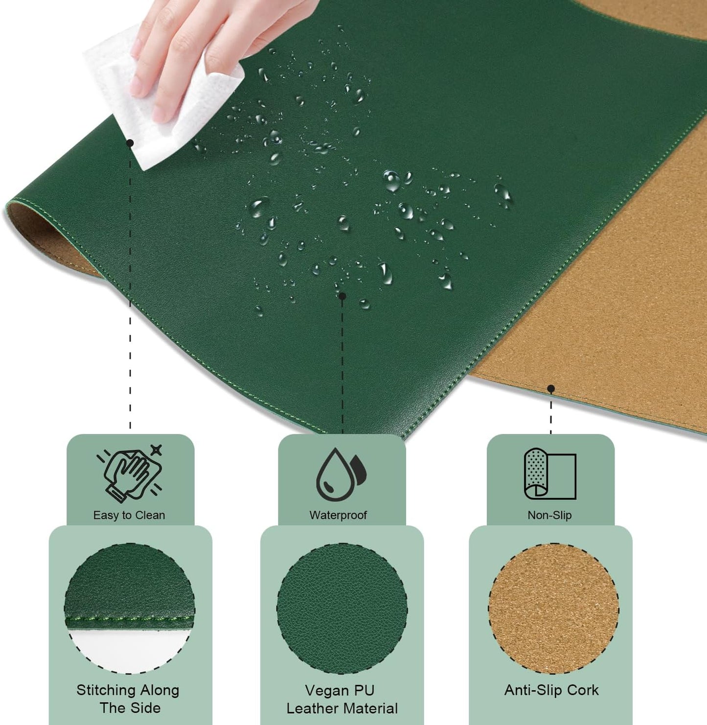 BLESWIN Large Desk Pad Mat 47.2"" x 17"", Office Desk Mat, Non-Slip PU Leather & Cork Desk Blotter for Keyboard and Mouse, Large Desk Mat, Large Mouse Pad for Office & Home(Dark Green)