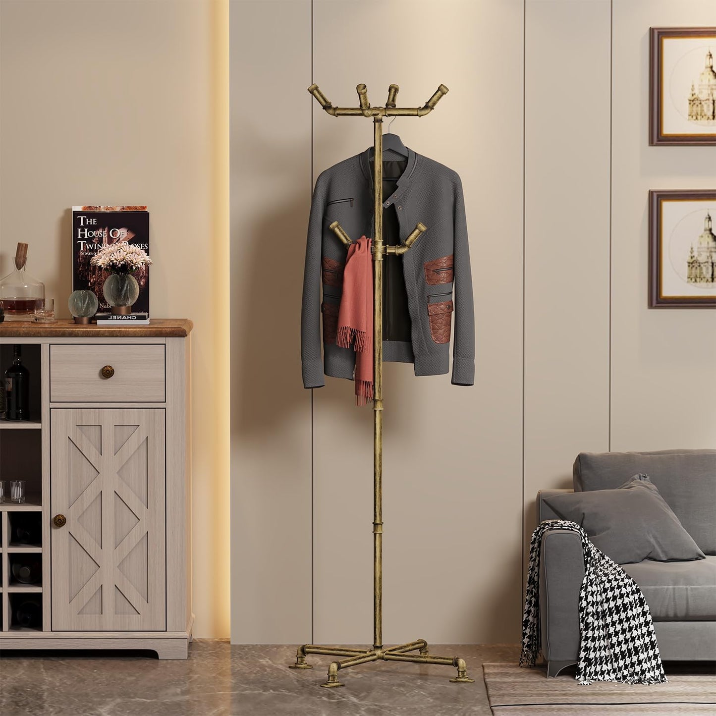 Industrial Coat Rack, Metal Pipe Coat Rack Stand Freestanding with 6 Hooks, Heavy Duty Coat Tree Sturdy Coat Racks for Entryway, Hallway, Bedroom (Vintage gold) - Lumora Desk