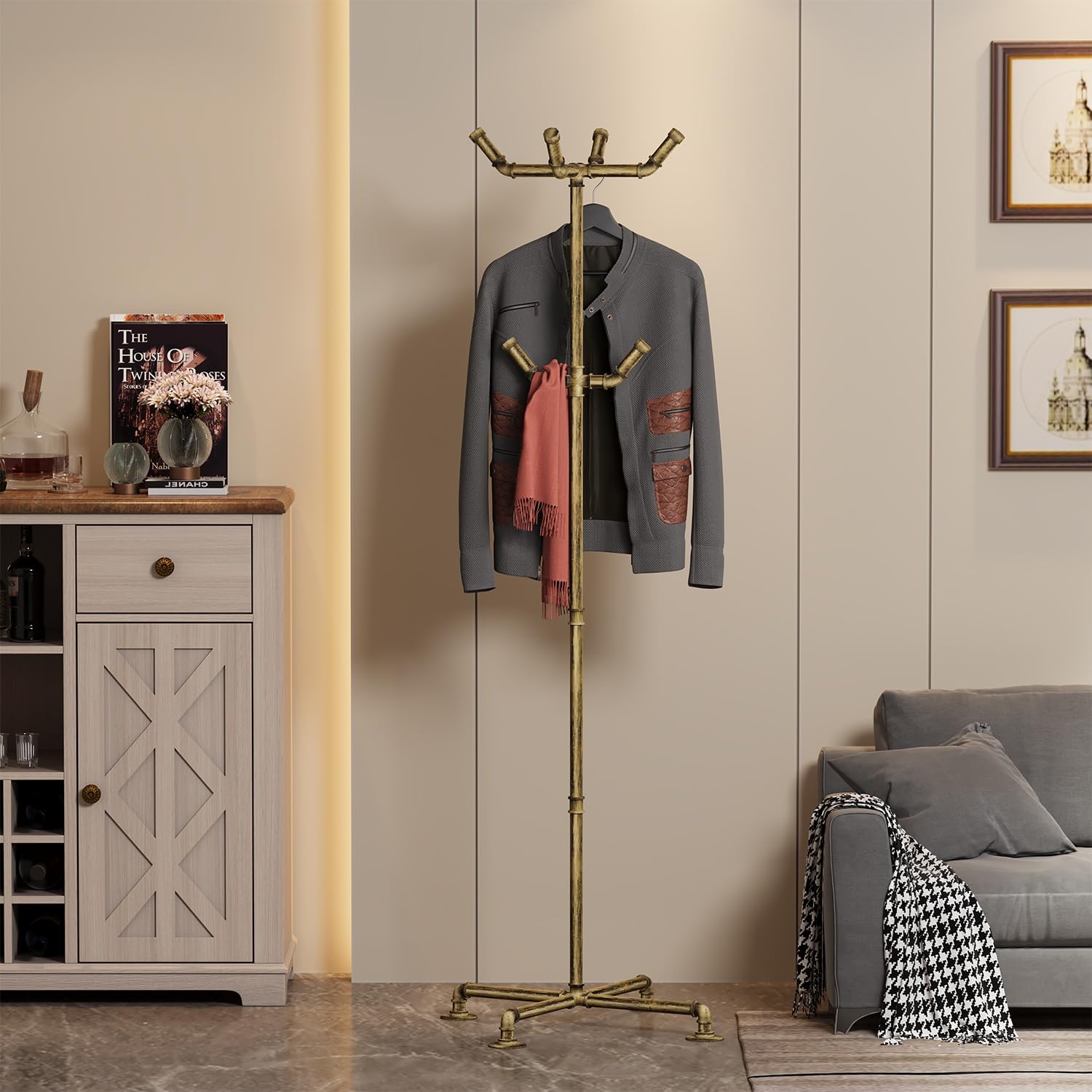 Industrial Coat Rack, Metal Pipe Coat Rack Stand Freestanding with 6 Hooks, Heavy Duty Coat Tree Sturdy Coat Racks for Entryway, Hallway, Bedroom (Vintage gold) - Lumora Desk