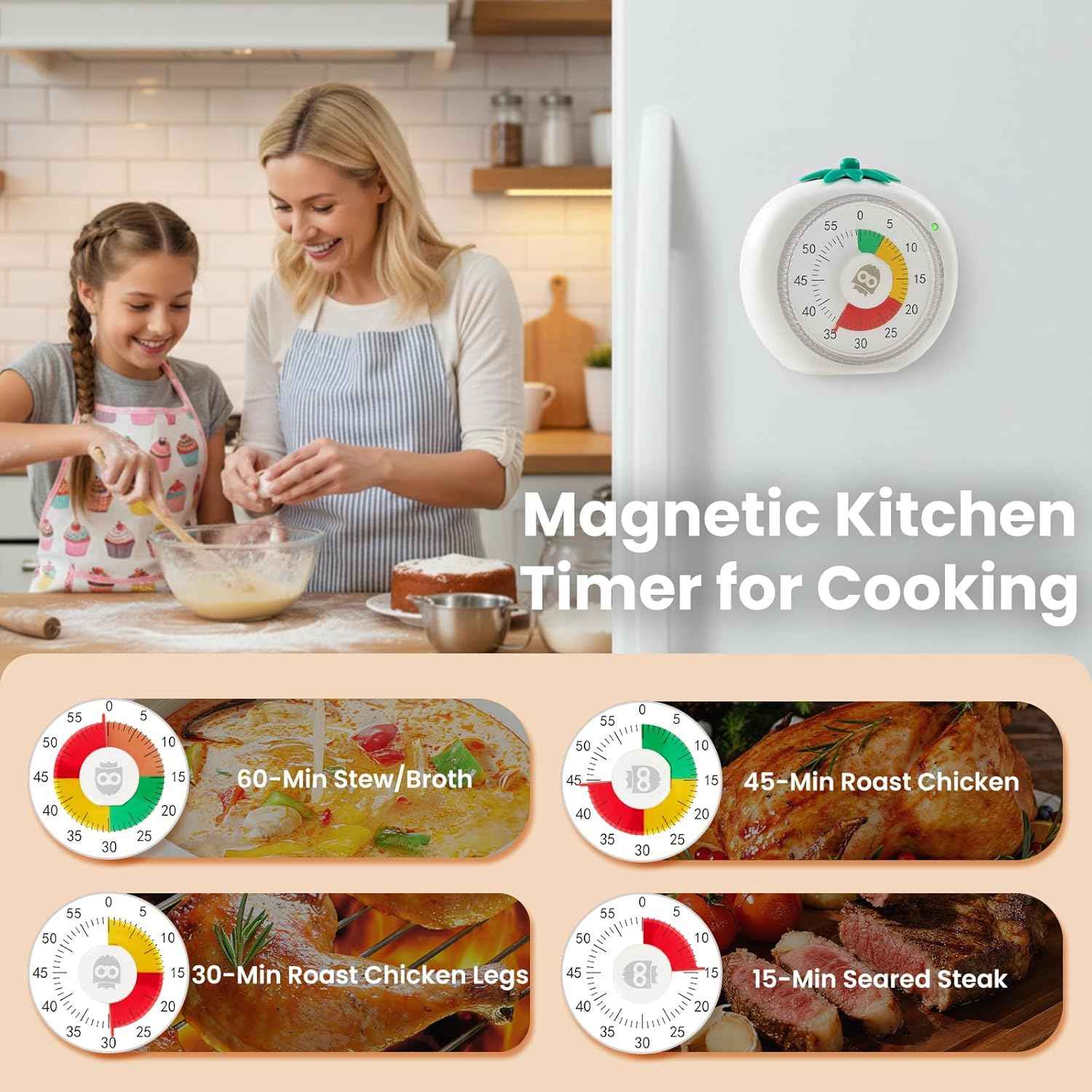 Visual Timer for Kids, 60-Minute Countdown Magnetic Timers for Classroom Office Kitchen with Silent Operation, Kids Timer for Teaching with Cute Design, 4-Color Zone Pattern Pomodoro Timers